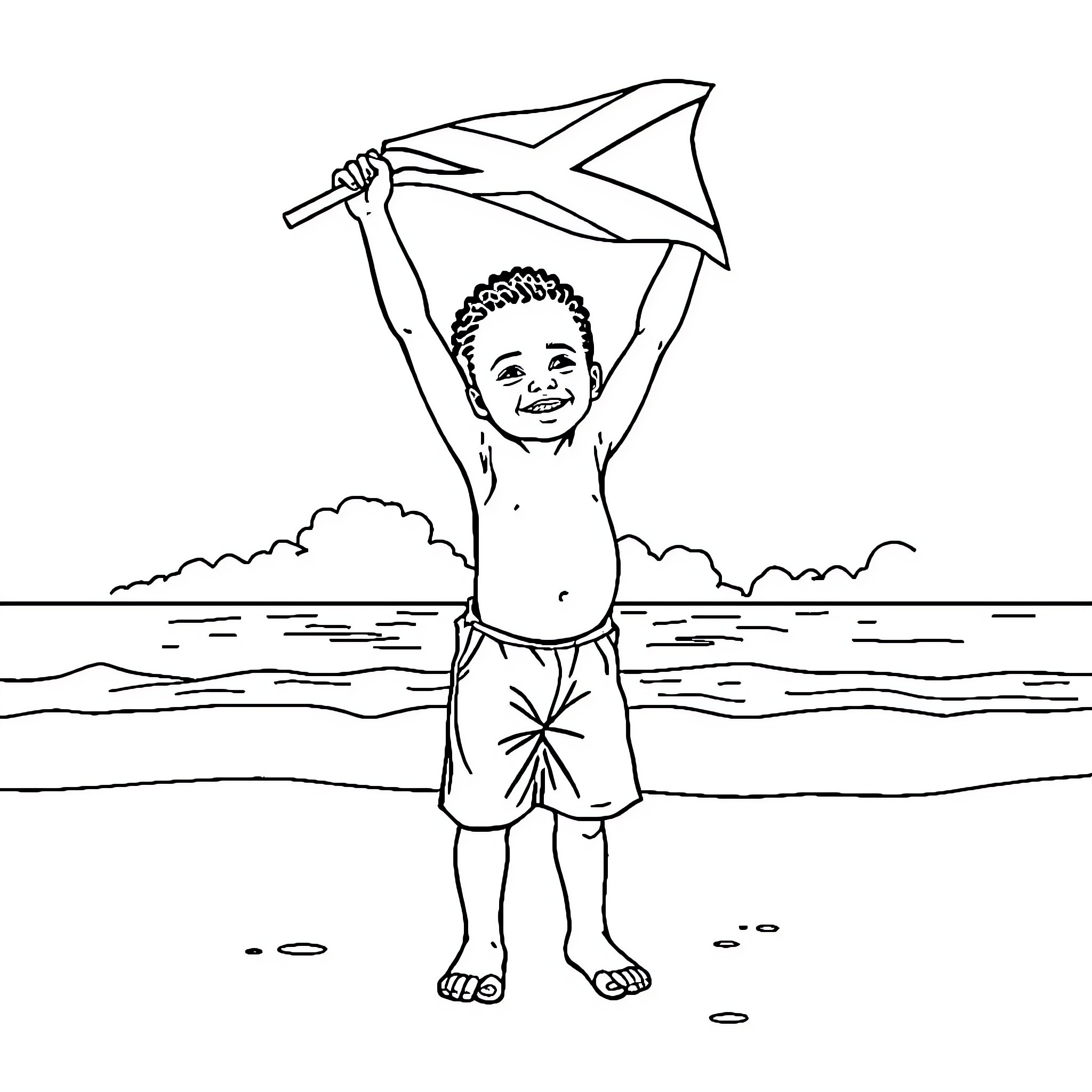 Child playing with kite on the beach Coloring Page (free black-and-white line drawing printable PDF for all, from beginners to advanced learners, including children, teens, adults, and seniors)