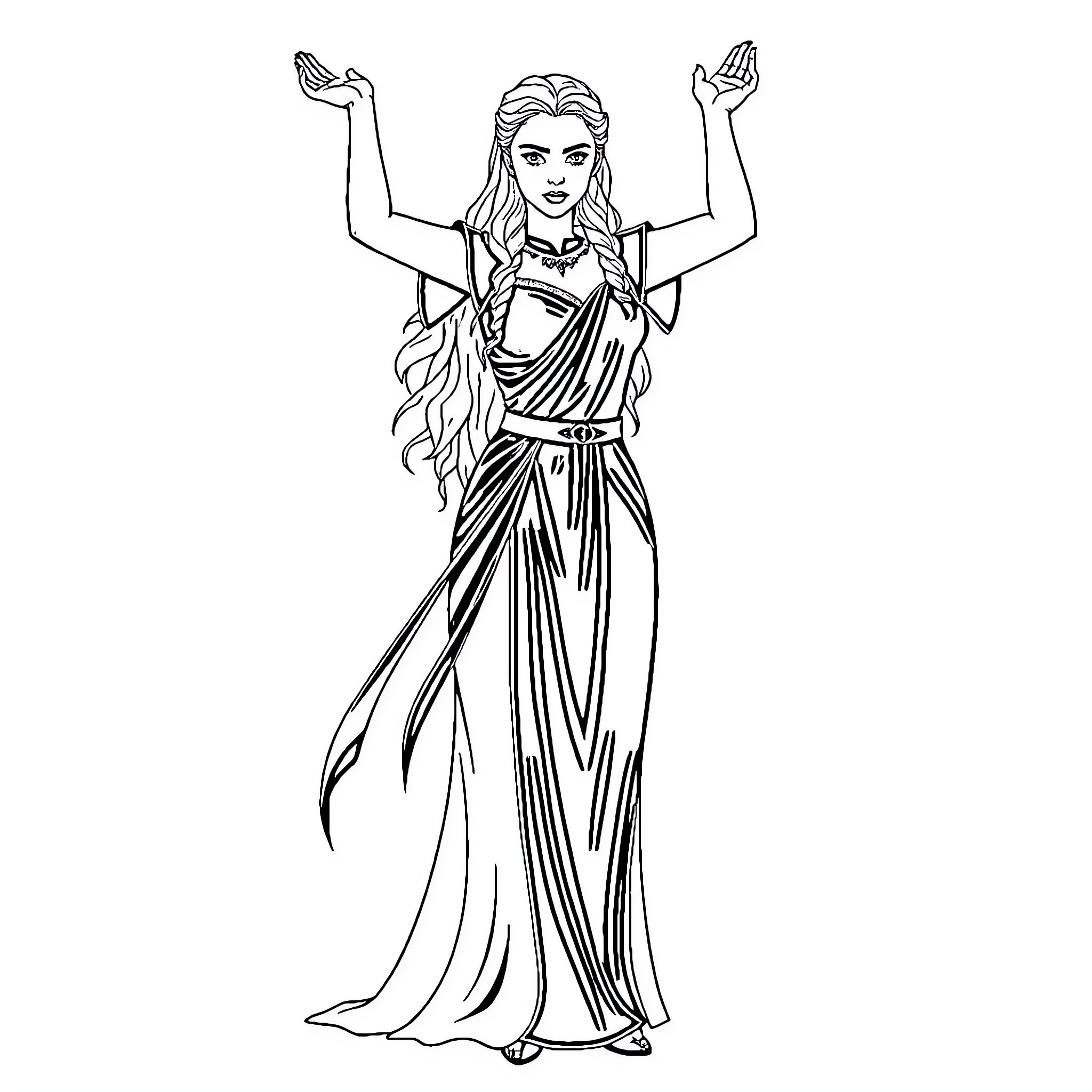 Daenerys in Regal Attire with Dramatic Pose Coloring Page (free black-and-white line drawing printable PDF for all, from beginners to advanced learners, including children, teens, adults, and seniors)