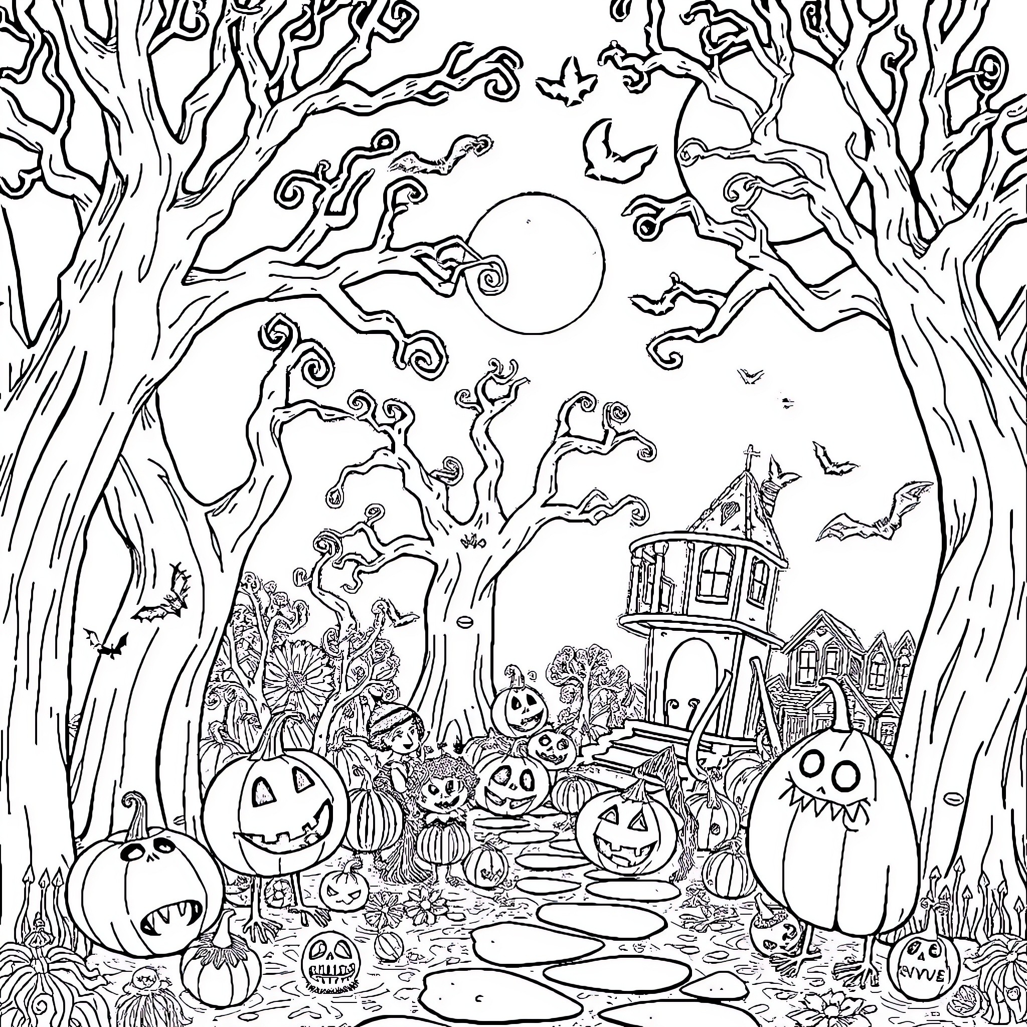 Halloween Spooky Scene with Pumpkins, Creatures, and Haunted House Coloring Page (free black-and-white line drawing printable PDF for all, from beginners to advanced learners, including children, teens, adults, and seniors)