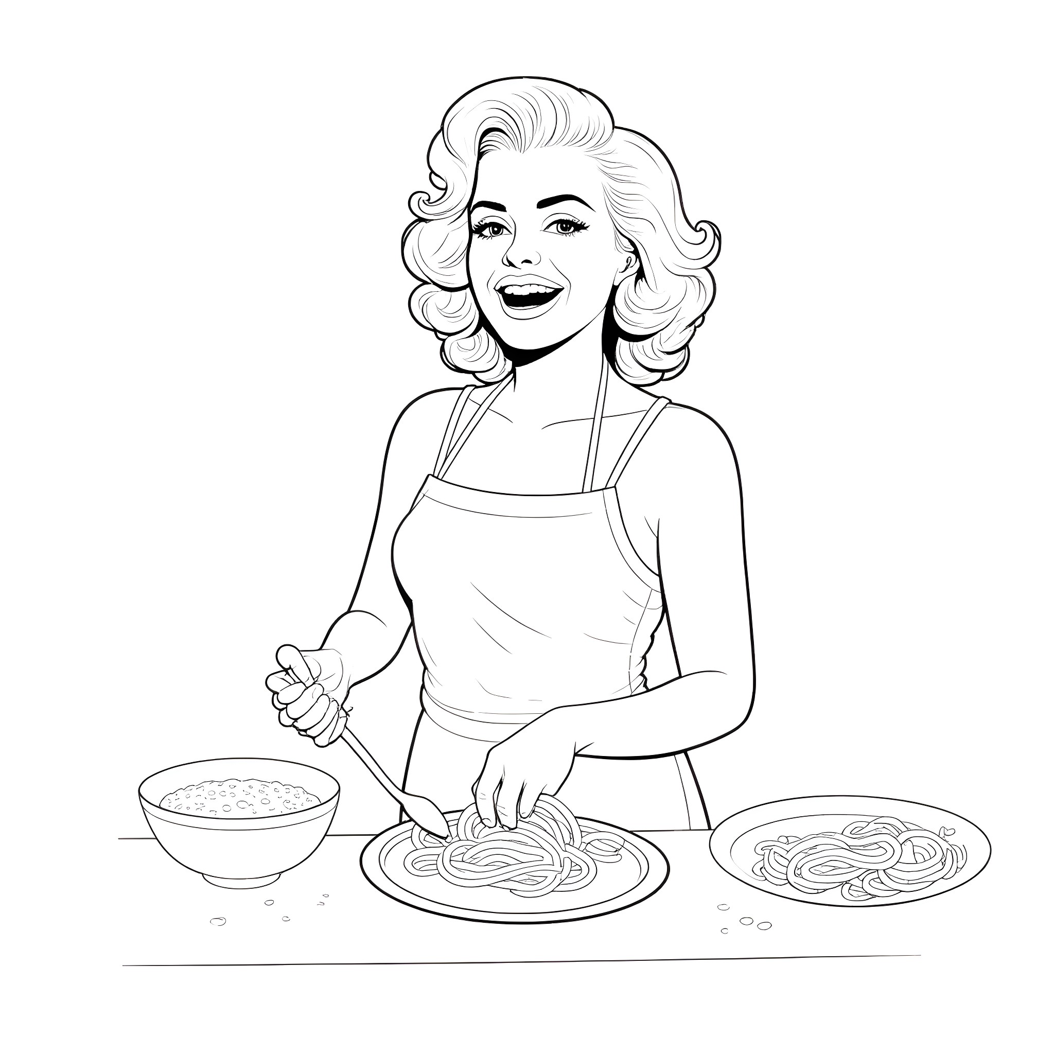Marilyn Monroe Cooking in the Kitchen Coloring Page (free black-and-white line drawing printable PDF for all, from beginners to advanced learners, including children, teens, adults, and seniors)