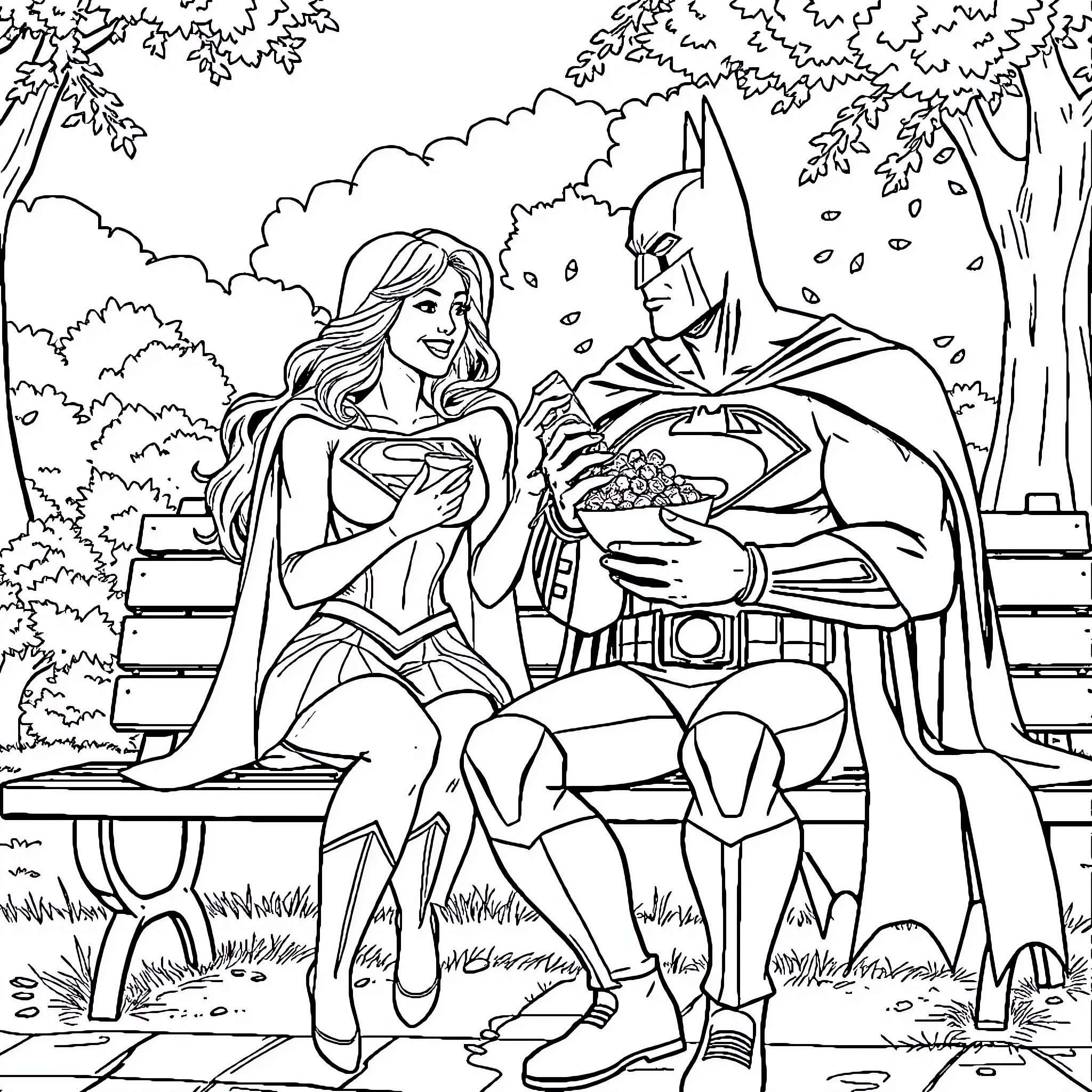 Supergirl and Batman share a moment in the park Coloring Page (free black-and-white line drawing printable PDF for all, from beginners to advanced learners, including children, teens, adults, and seniors)