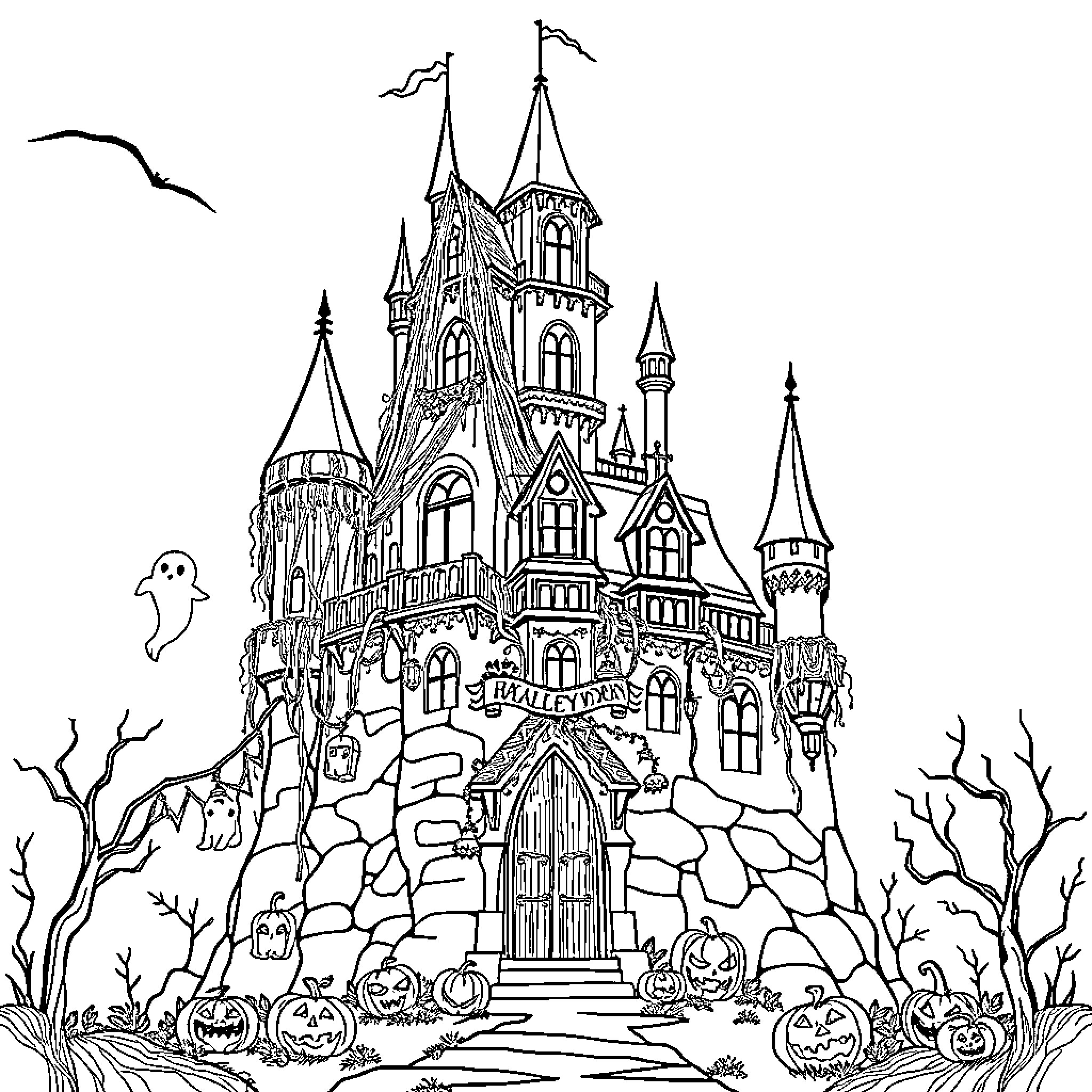 Castle of Halloween festivities and hauntings Coloring Page (free black-and-white line drawing printable PDF for all, from beginners to advanced learners, including children, teens, adults, and seniors)