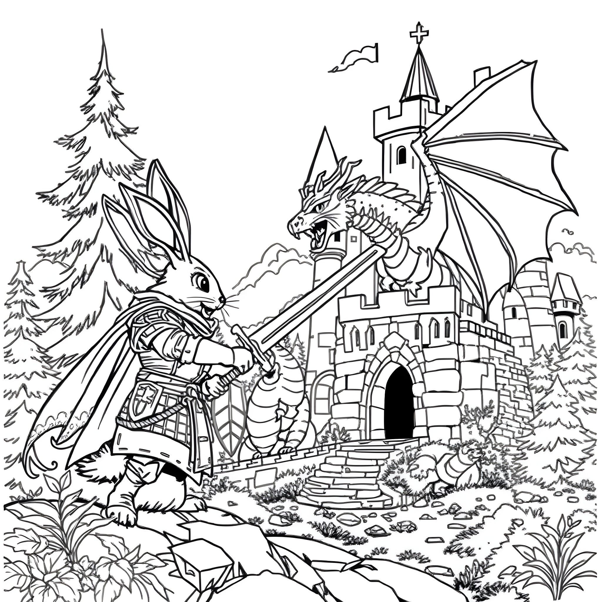 Rabbit warrior defending castle against dragon Coloring Page (free black-and-white line drawing printable PDF for all, from beginners to advanced learners, including children, teens, adults, and seniors)