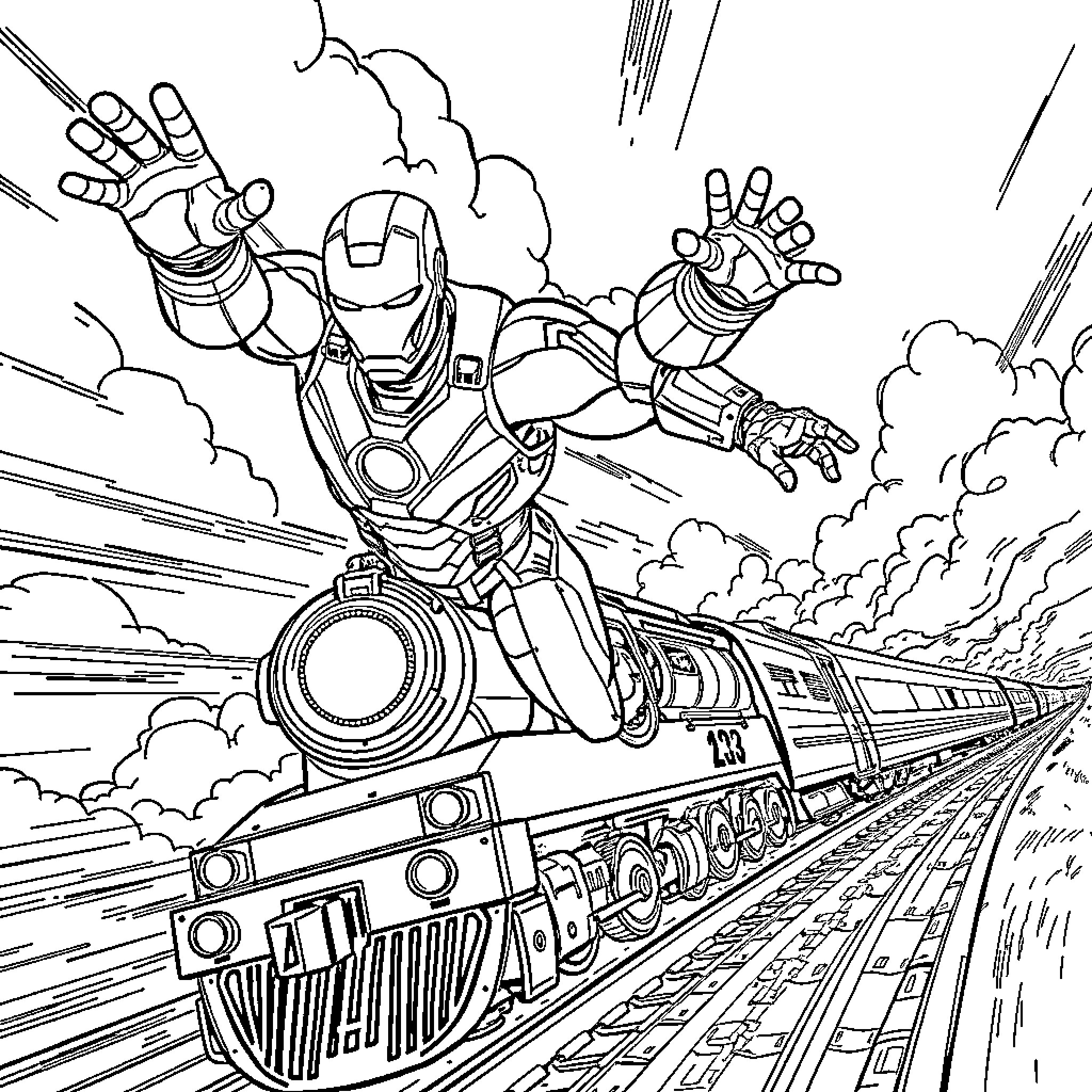 Ironman soaring on a speeding locomotive Coloring Page (free black-and-white line drawing printable PDF for all, from beginners to advanced learners, including children, teens, adults, and seniors)