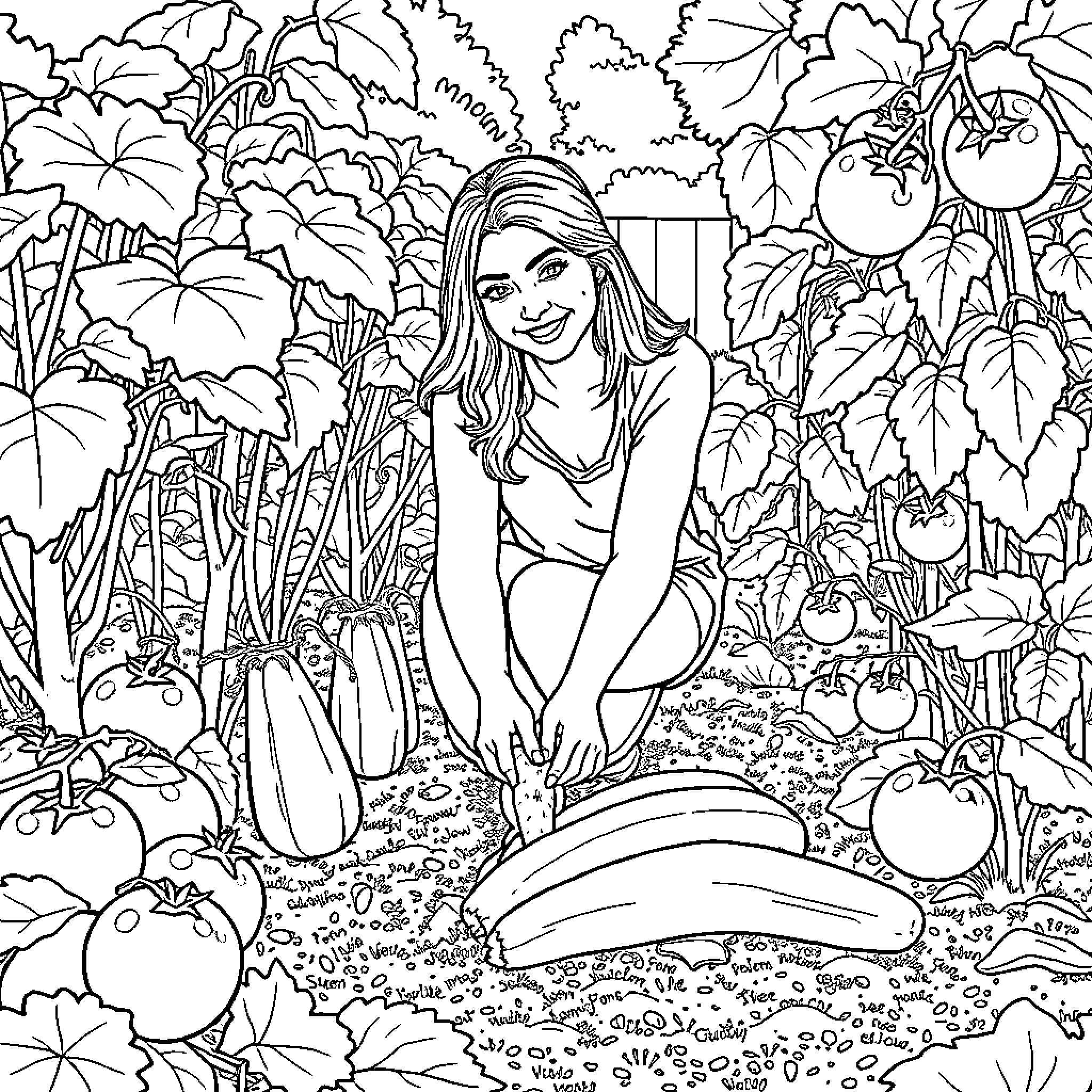 Zucchini Gardener Tending to Her Vibrant Vegetable Patch Coloring Page (free black-and-white line drawing printable PDF for all, from beginners to advanced learners, including children, teens, adults, and seniors)