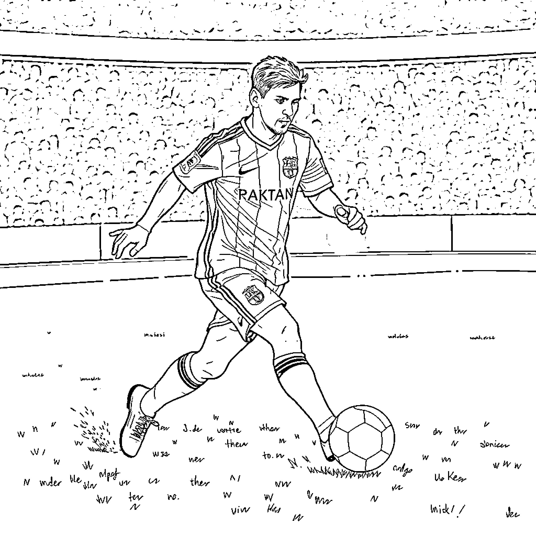 Messi playing soccer in stadium Coloring Page (free black-and-white line drawing printable PDF for all, from beginners to advanced learners, including children, teens, adults, and seniors)