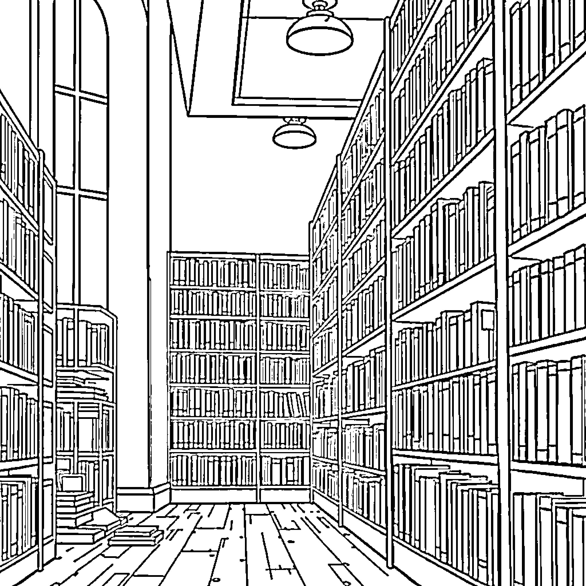 Library with Rows of Books and Shelves Coloring Page (free black-and-white line drawing printable PDF for all, from beginners to advanced learners, including children, teens, adults, and seniors)