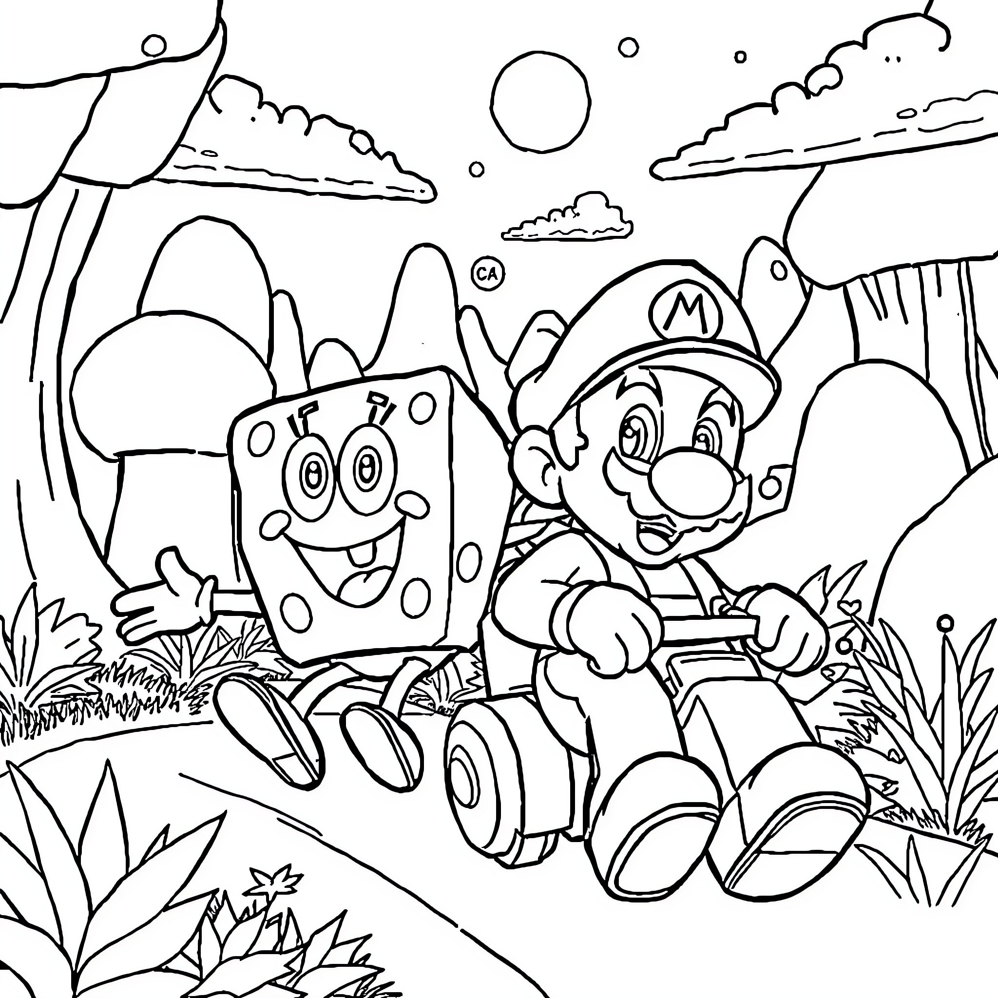Bob esponja on an adventure with Mario Coloring Page (free black-and-white line drawing printable PDF for all, from beginners to advanced learners, including children, teens, adults, and seniors)