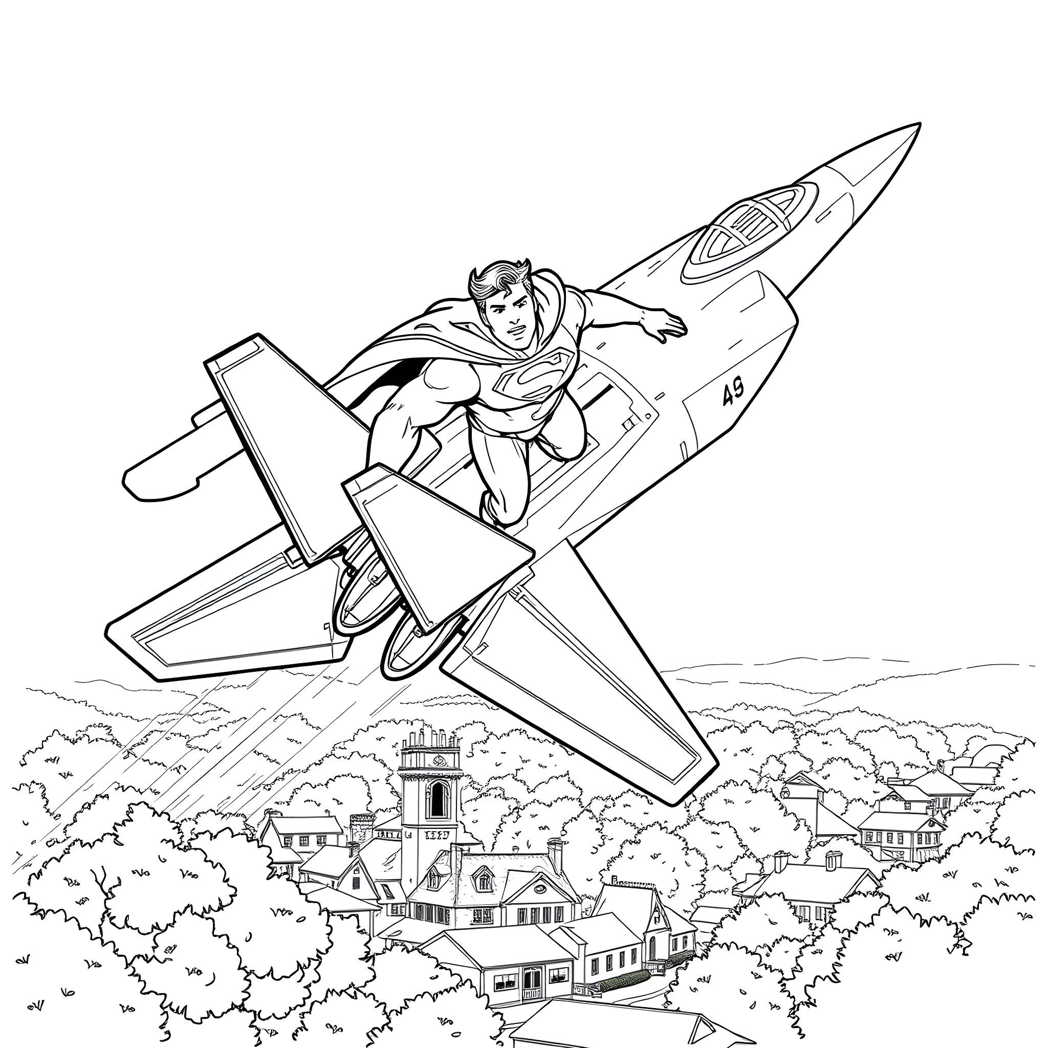 Superman soaring in his jet-powered aircraft over the city Coloring Page (free black-and-white line drawing printable PDF for all, from beginners to advanced learners, including children, teens, adults, and seniors)