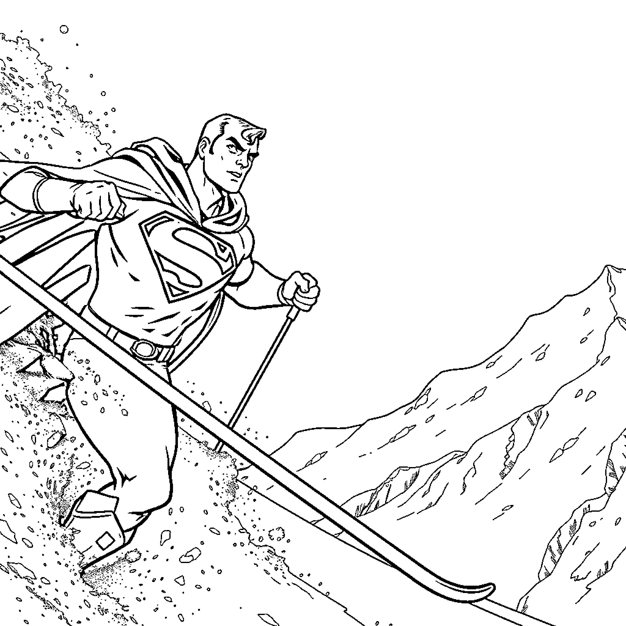 Superman skiing down a snowy mountain Coloring Page (free black-and-white line drawing printable PDF for all, from beginners to advanced learners, including children, teens, adults, and seniors)