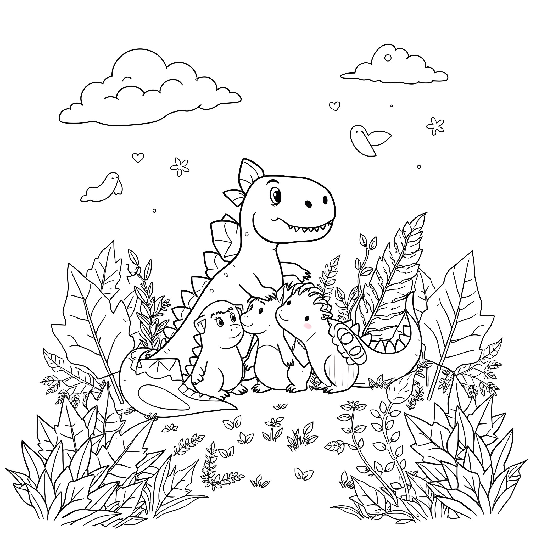 Dinosaur family playing in the leafy forest Coloring Page (free black-and-white line drawing printable PDF for all, from beginners to advanced learners, including children, teens, adults, and seniors)