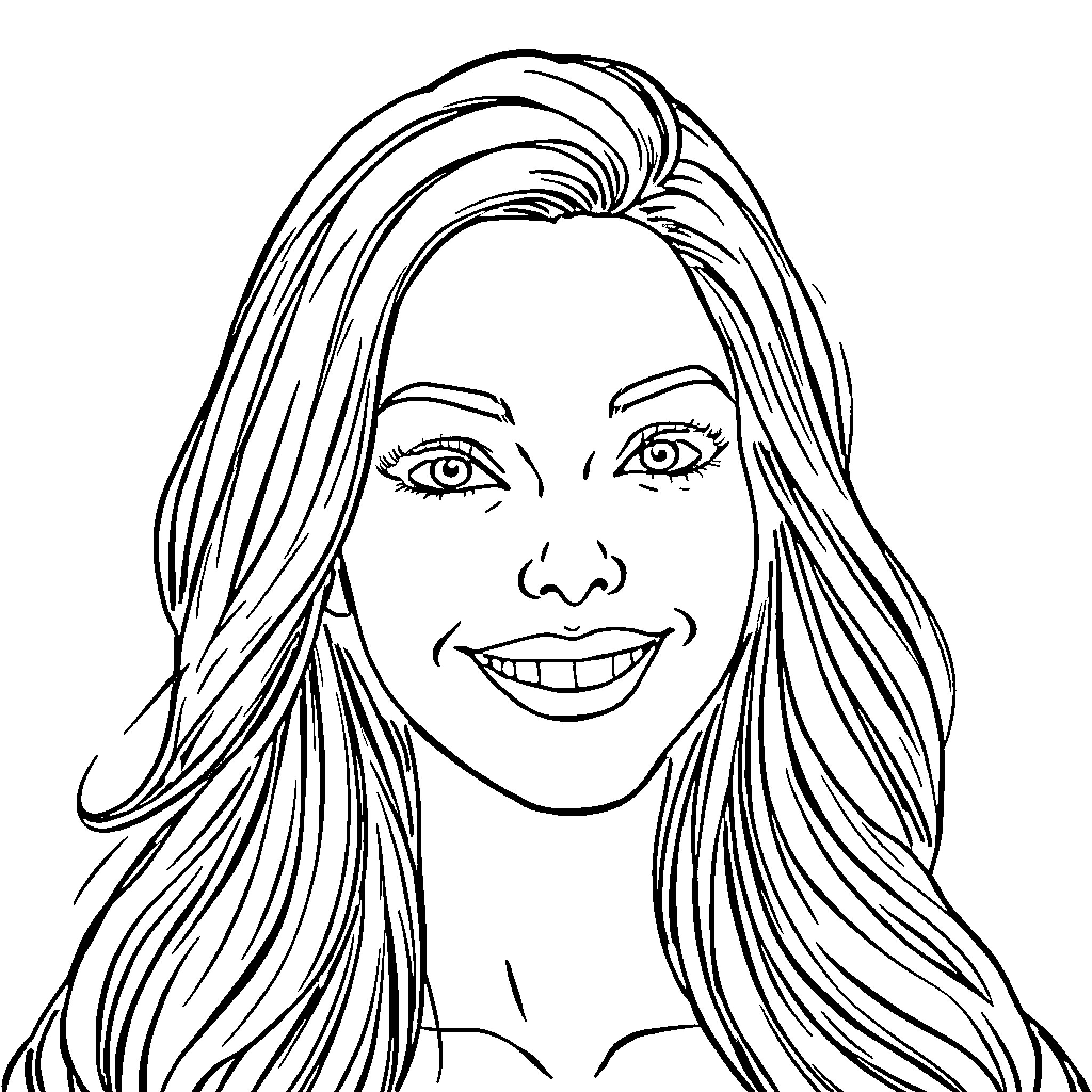 Woman smiling with long hair Coloring Page (free black-and-white line drawing printable PDF for all, from beginners to advanced learners, including children, teens, adults, and seniors)
