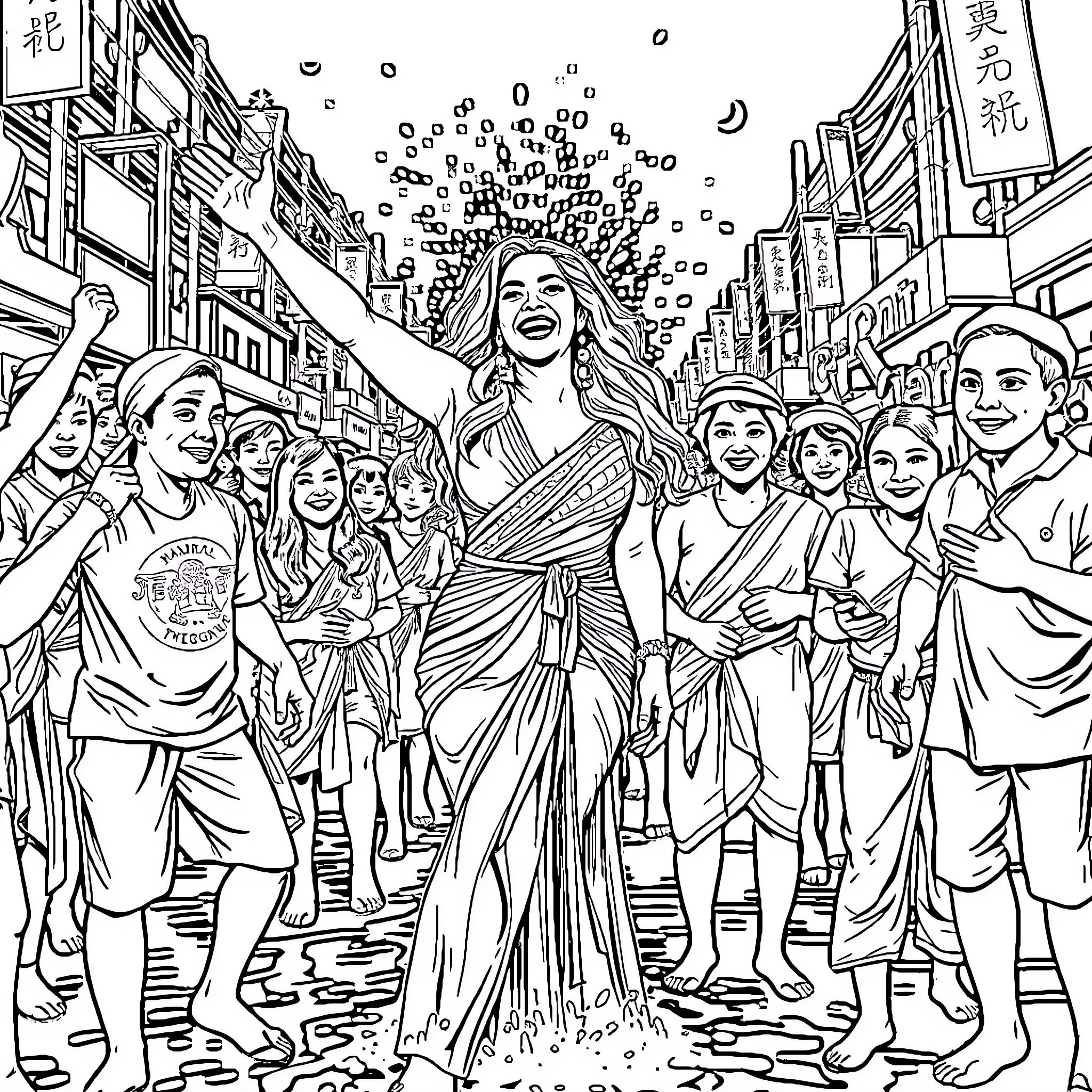Beyonce Performing Amidst Adoring Crowd Coloring Page (free black-and-white line drawing printable PDF for all, from beginners to advanced learners, including children, teens, adults, and seniors)