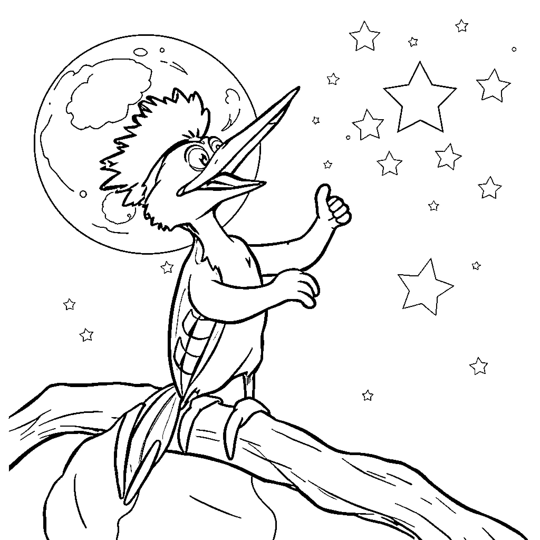 Woody Woodpecker exploring the starry night sky Coloring Page (free black-and-white line drawing printable PDF for all, from beginners to advanced learners, including children, teens, adults, and seniors)