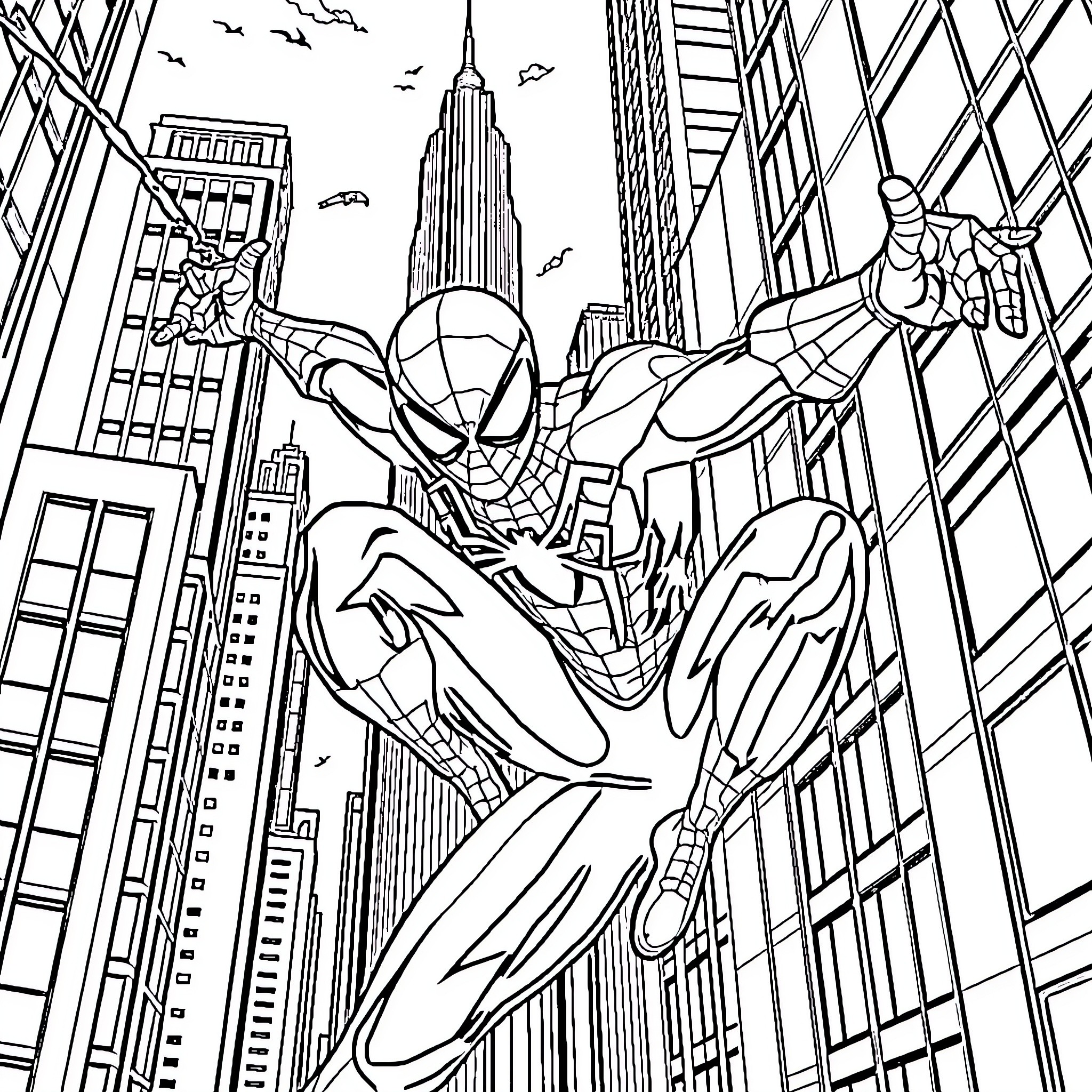 Spider-Man swinging through the city skyline Coloring Page (free black-and-white line drawing printable PDF for all, from beginners to advanced learners, including children, teens, adults, and seniors)