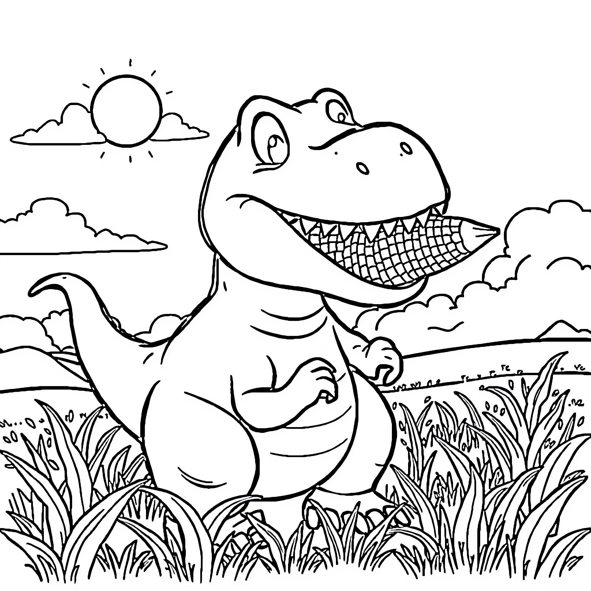 Dinosaur enjoying the sunny day in nature Coloring Page (free black-and-white line drawing printable PDF for all, from beginners to advanced learners, including children, teens, adults, and seniors)