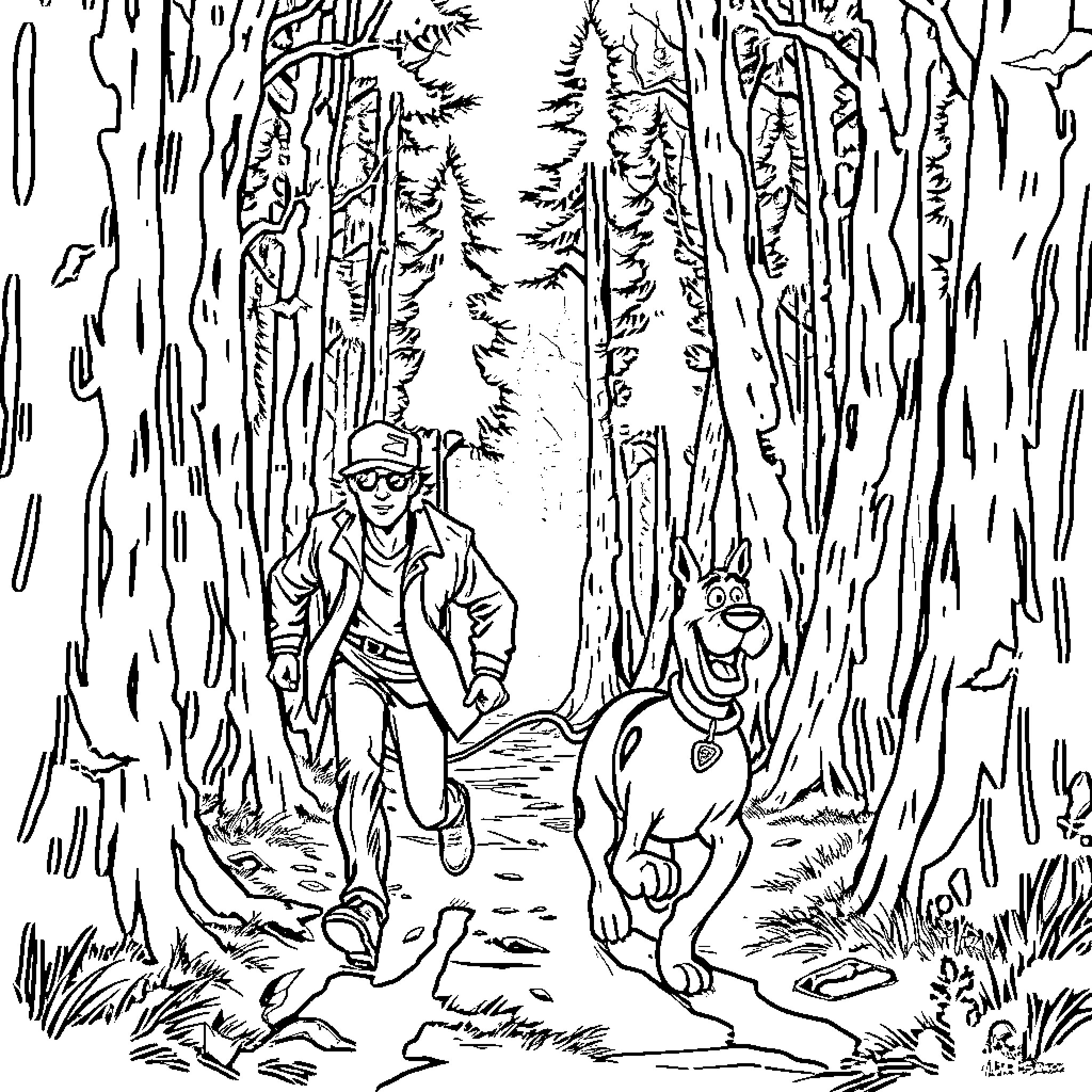 Winchester Hikers Trekking Through Forested Trail Coloring Page (free black-and-white line drawing printable PDF for all, from beginners to advanced learners, including children, teens, adults, and seniors)