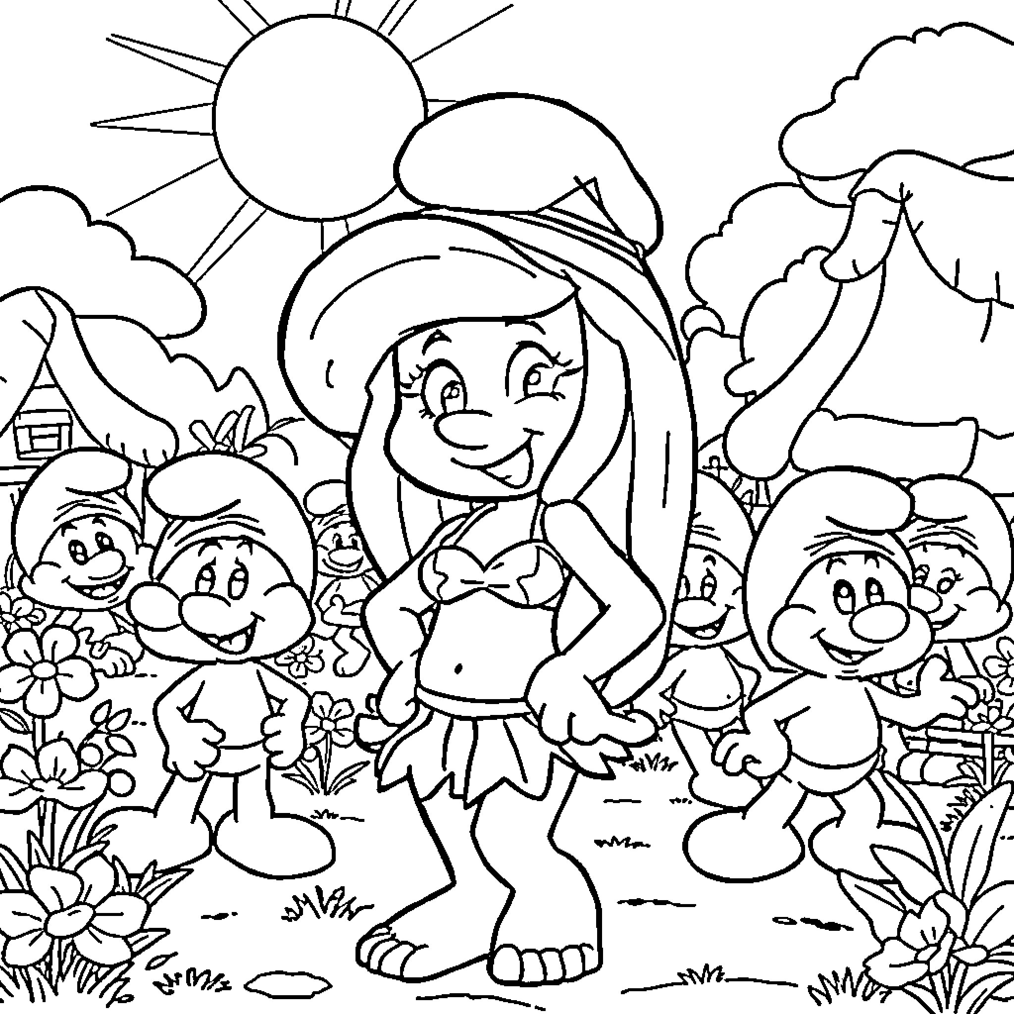 Smurfette and her Smurf friends in a vibrant outdoor scene Coloring Page (free black-and-white line drawing printable PDF for all, from beginners to advanced learners, including children, teens, adults, and seniors)