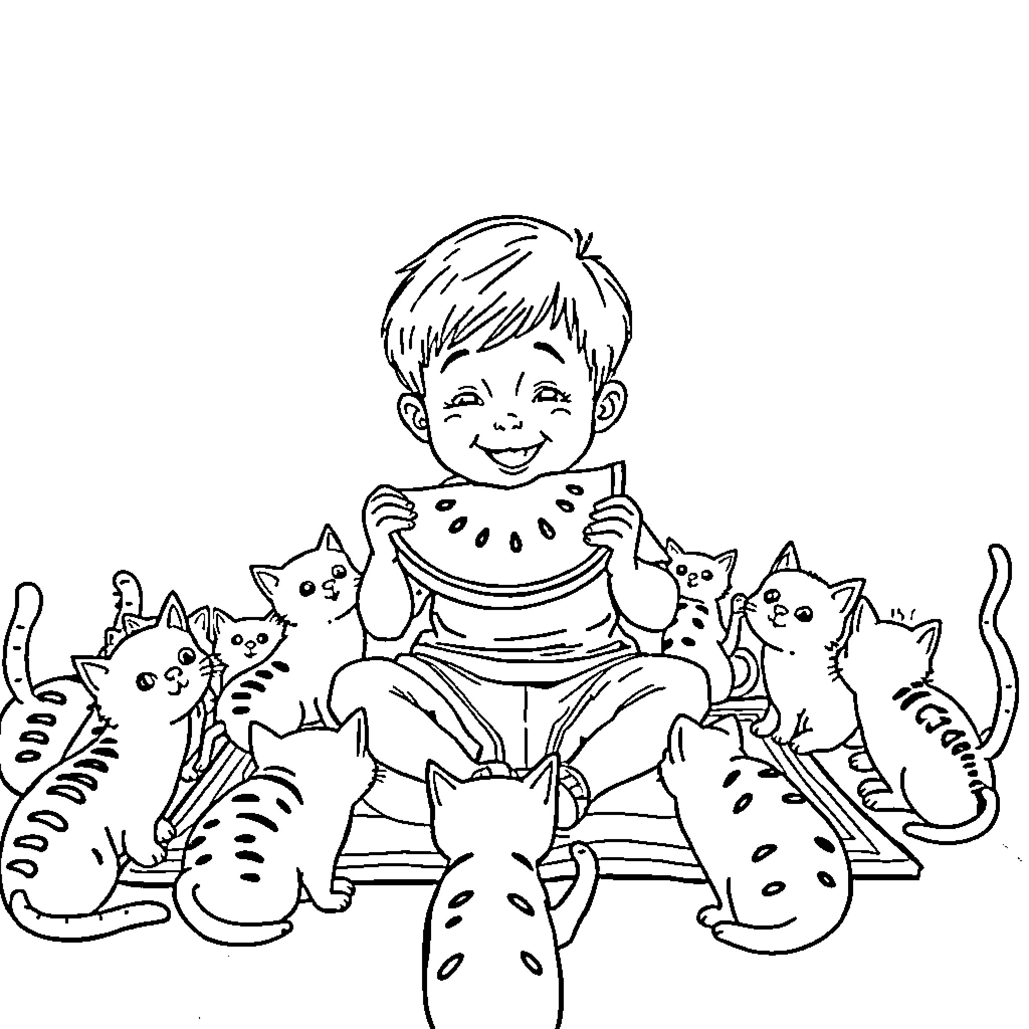 Brother enjoys watermelon with his cat friends Coloring Page (free black-and-white line drawing printable PDF for all, from beginners to advanced learners, including children, teens, adults, and seniors)