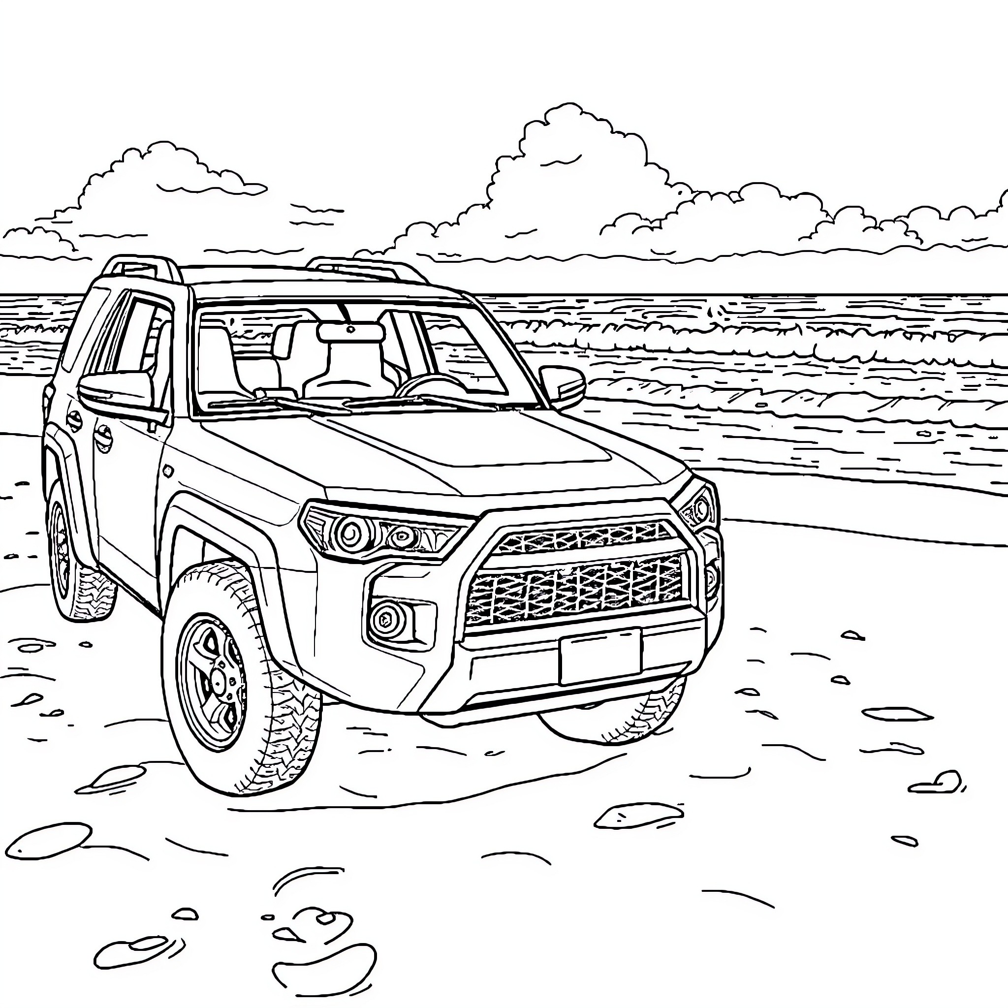 Toyota SUV exploring the beach landscape Coloring Page (free black-and-white line drawing printable PDF for all, from beginners to advanced learners, including children, teens, adults, and seniors)