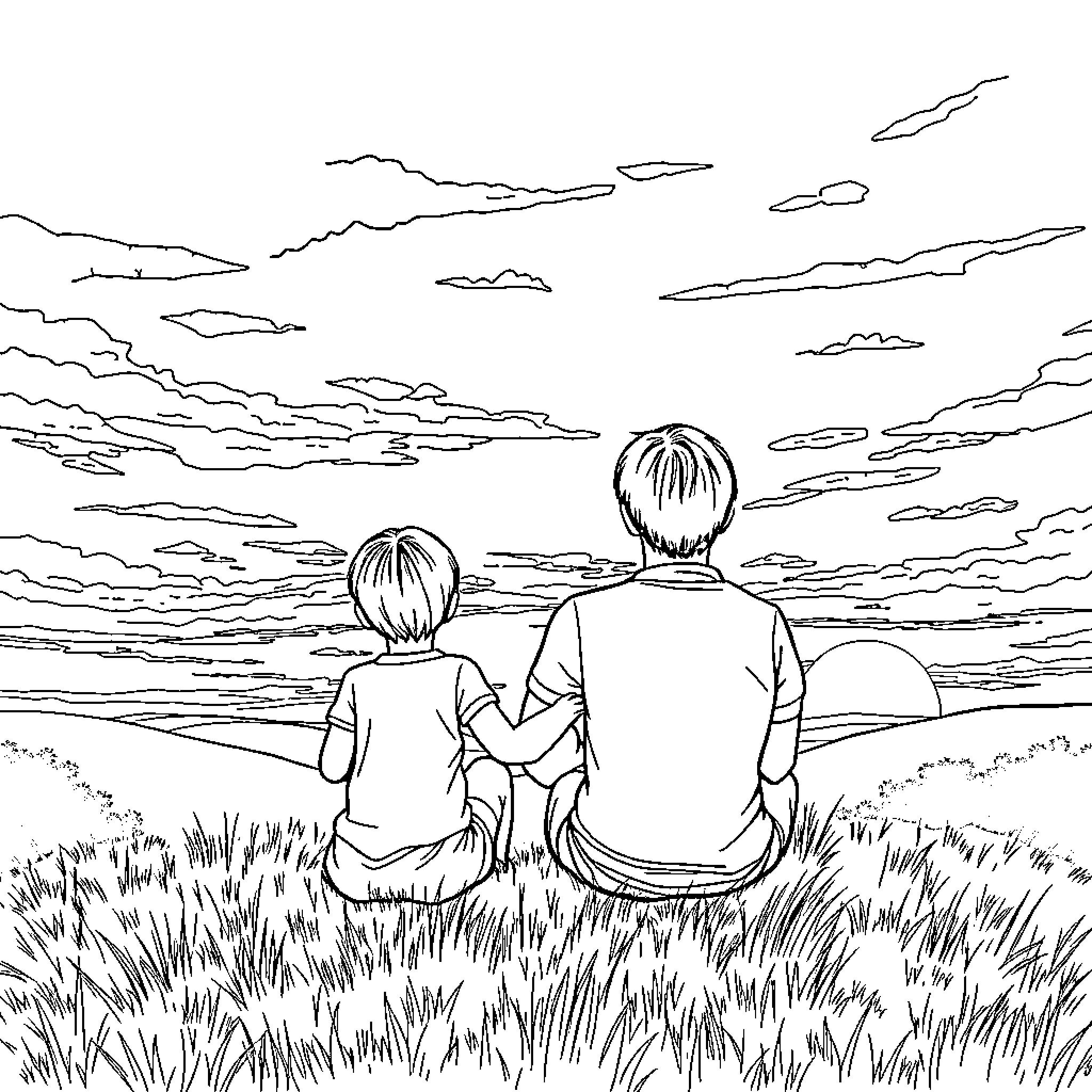 Family Enjoying the Scenic Outdoors Coloring Page (free black-and-white line drawing printable PDF for all, from beginners to advanced learners, including children, teens, adults, and seniors)