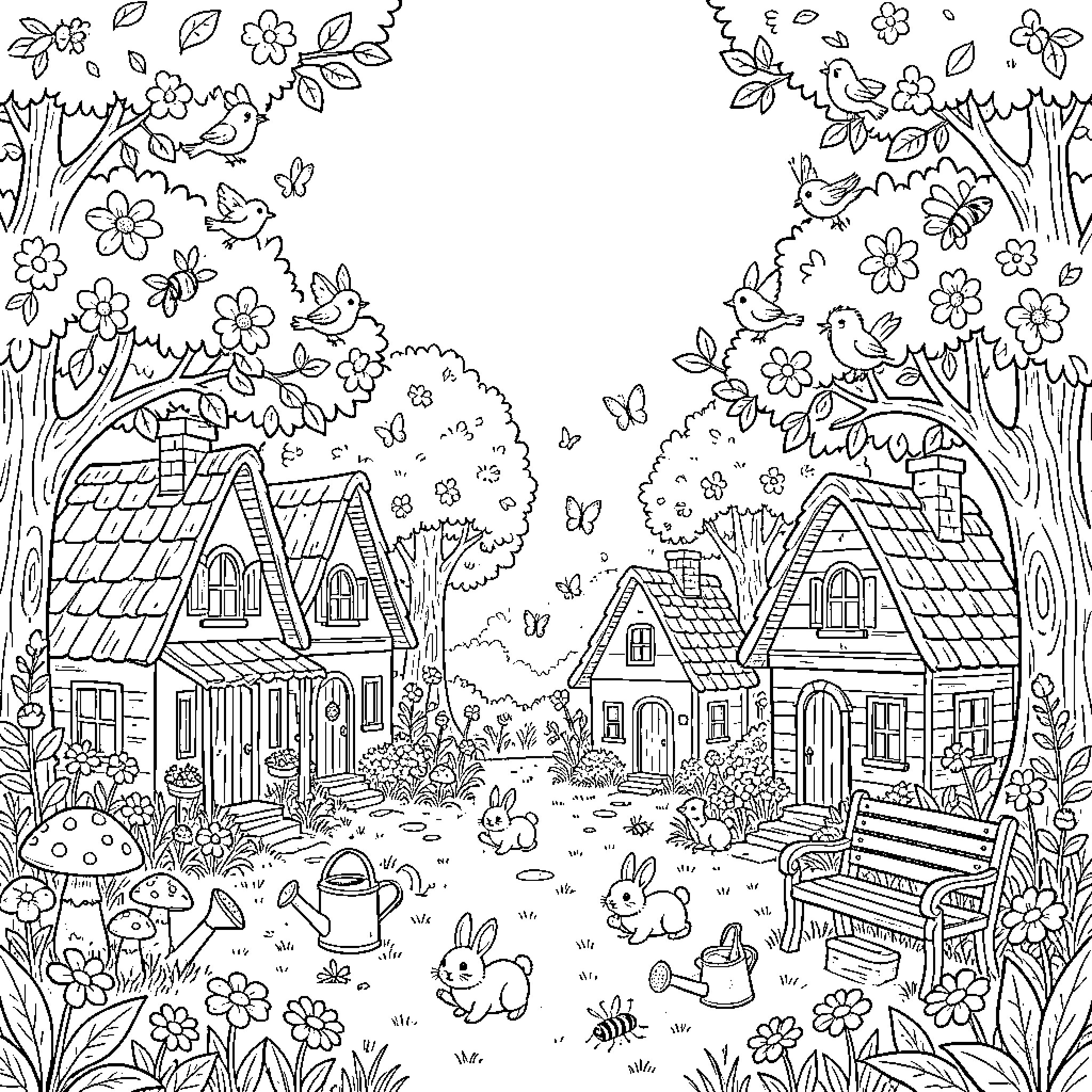 Garden scene with small houses and woodland creatures Coloring Page (free black-and-white line drawing printable PDF for all, from beginners to advanced learners, including children, teens, adults, and seniors)