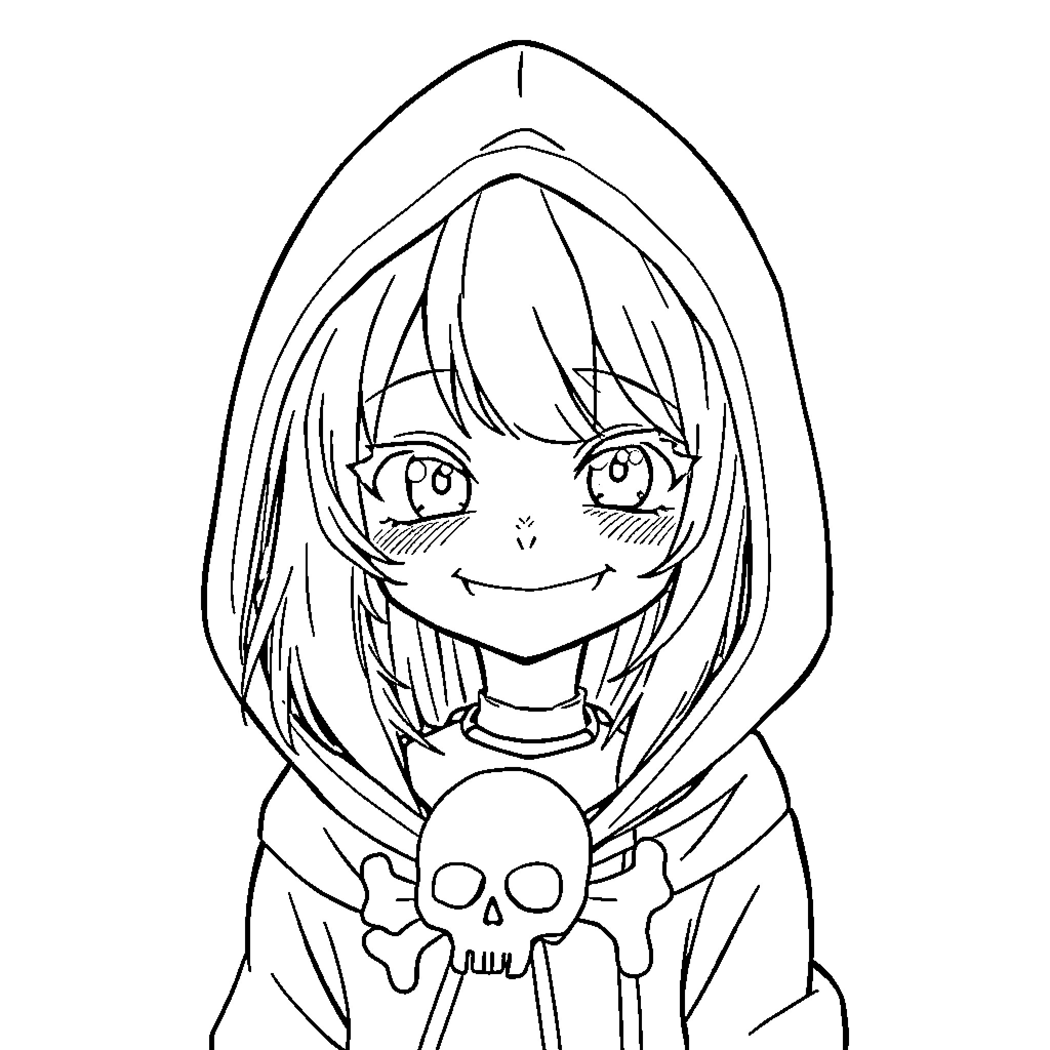 Kuromi in a mischievous pose with a skull emblem Coloring Page (free black-and-white line drawing printable PDF for all, from beginners to advanced learners, including children, teens, adults, and seniors)