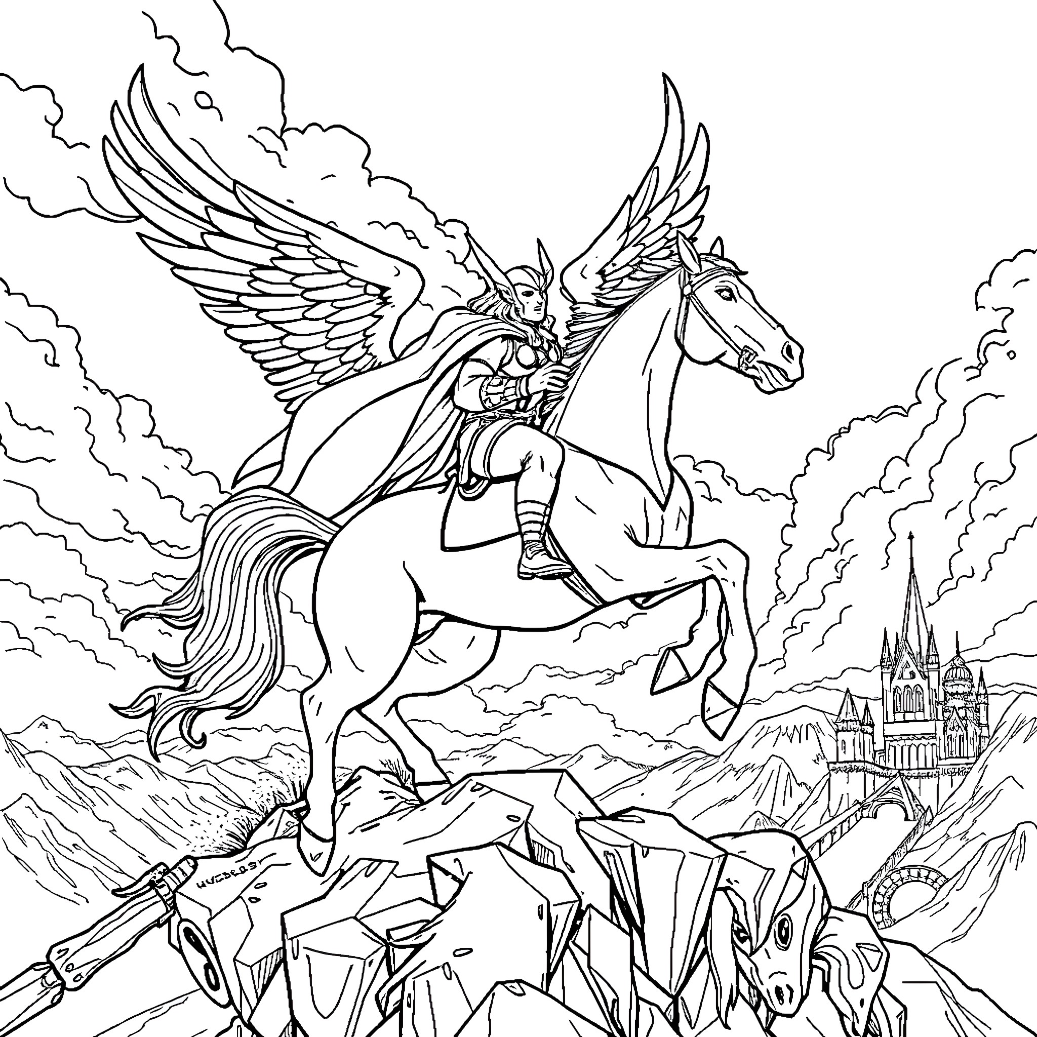 Thor's Heroic Flight on Winged Horse Over Fantastical Landscape Coloring Page (free black-and-white line drawing printable PDF for all, from beginners to advanced learners, including children, teens, adults, and seniors)
