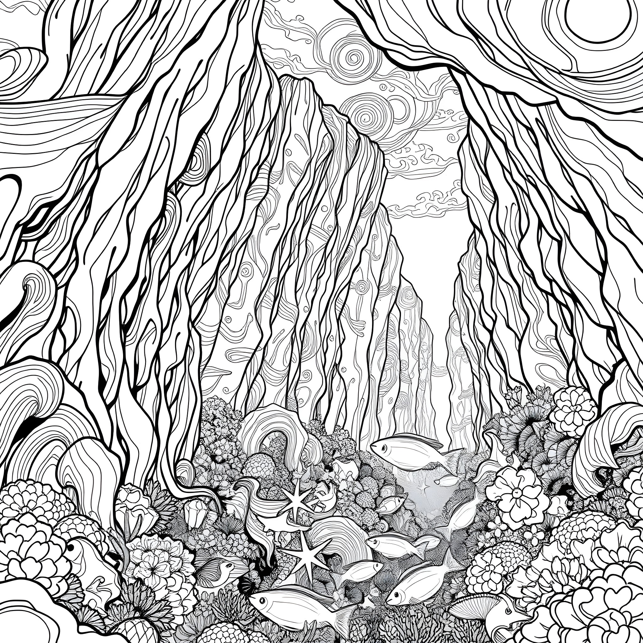 Canyon Landscape with Vibrant Nature Scenes Coloring Page (free black-and-white line drawing printable PDF for all, from beginners to advanced learners, including children, teens, adults, and seniors)