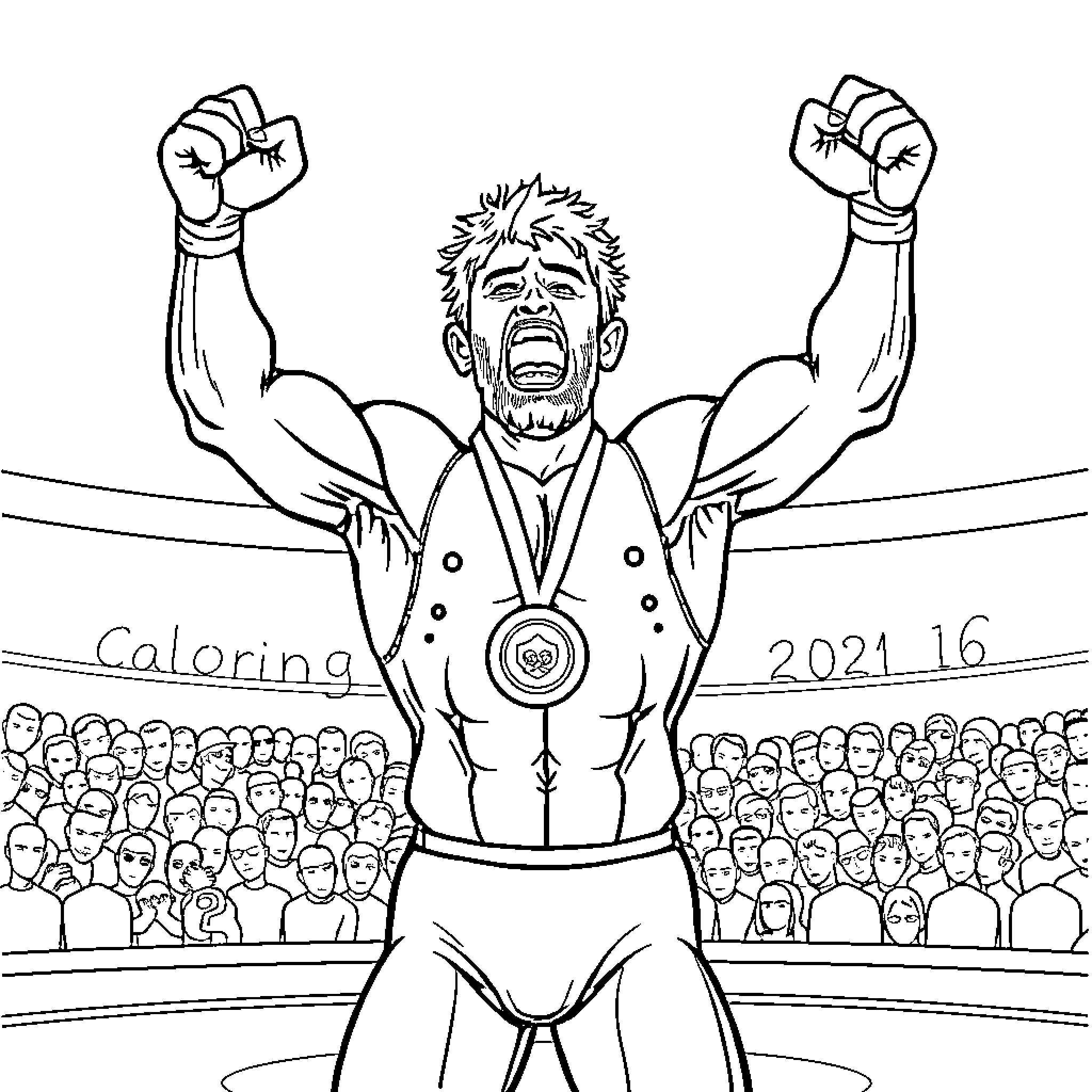 Wrestler celebrates victory in front of cheering crowd Coloring Page (free black-and-white line drawing printable PDF for all, from beginners to advanced learners, including children, teens, adults, and seniors)