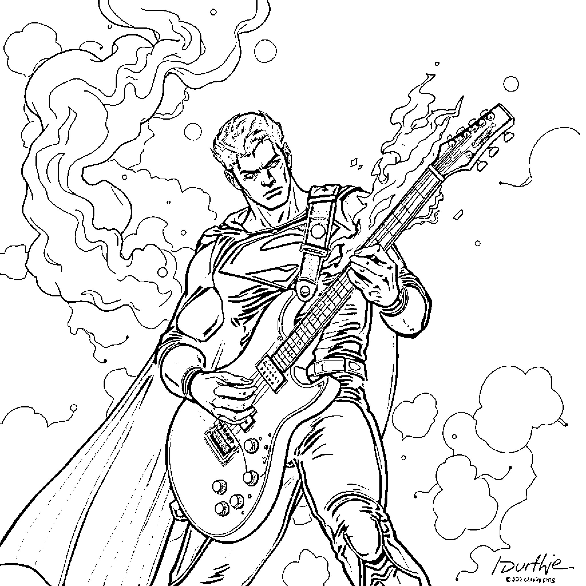 Superman rocking out with his electric guitar Coloring Page (free black-and-white line drawing printable PDF for all, from beginners to advanced learners, including children, teens, adults, and seniors)