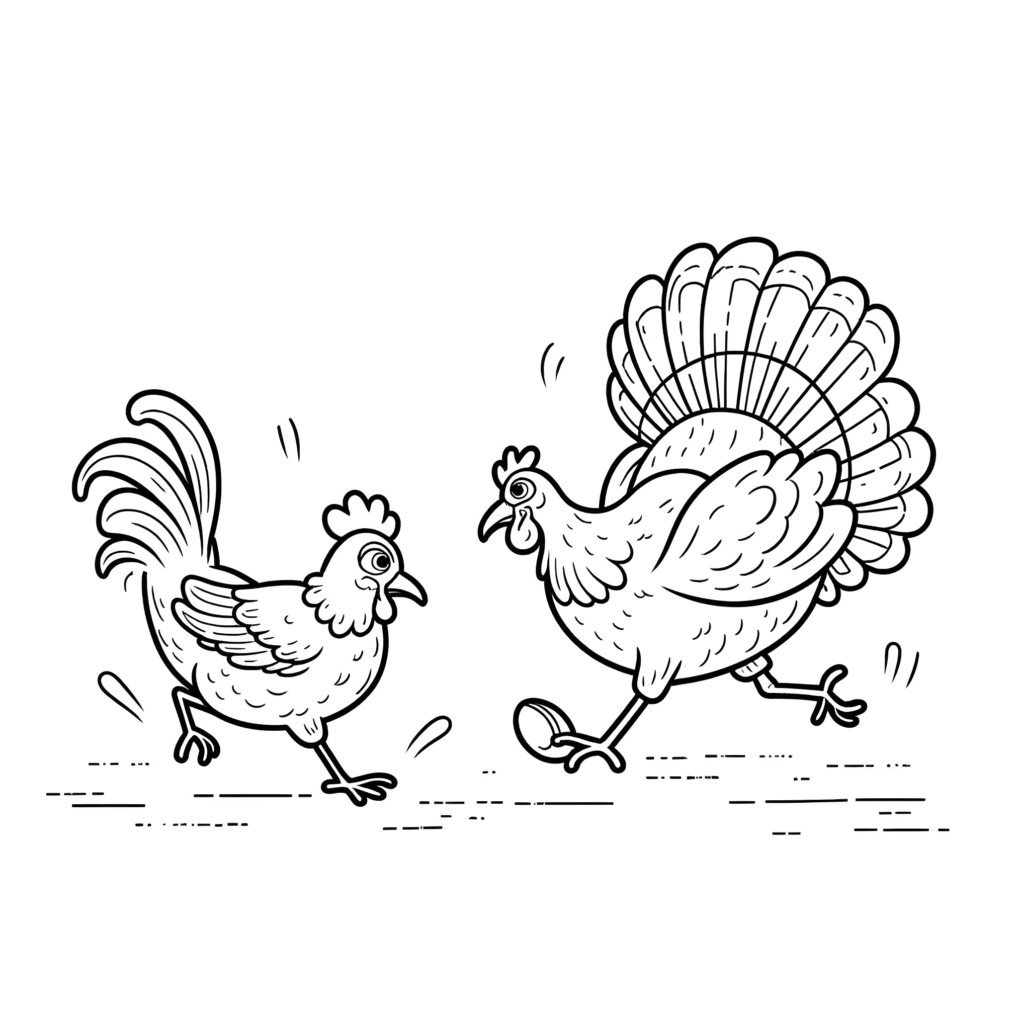 Chicken duo running with enthusiasm Coloring Page (free black-and-white line drawing printable PDF for all, from beginners to advanced learners, including children, teens, adults, and seniors)