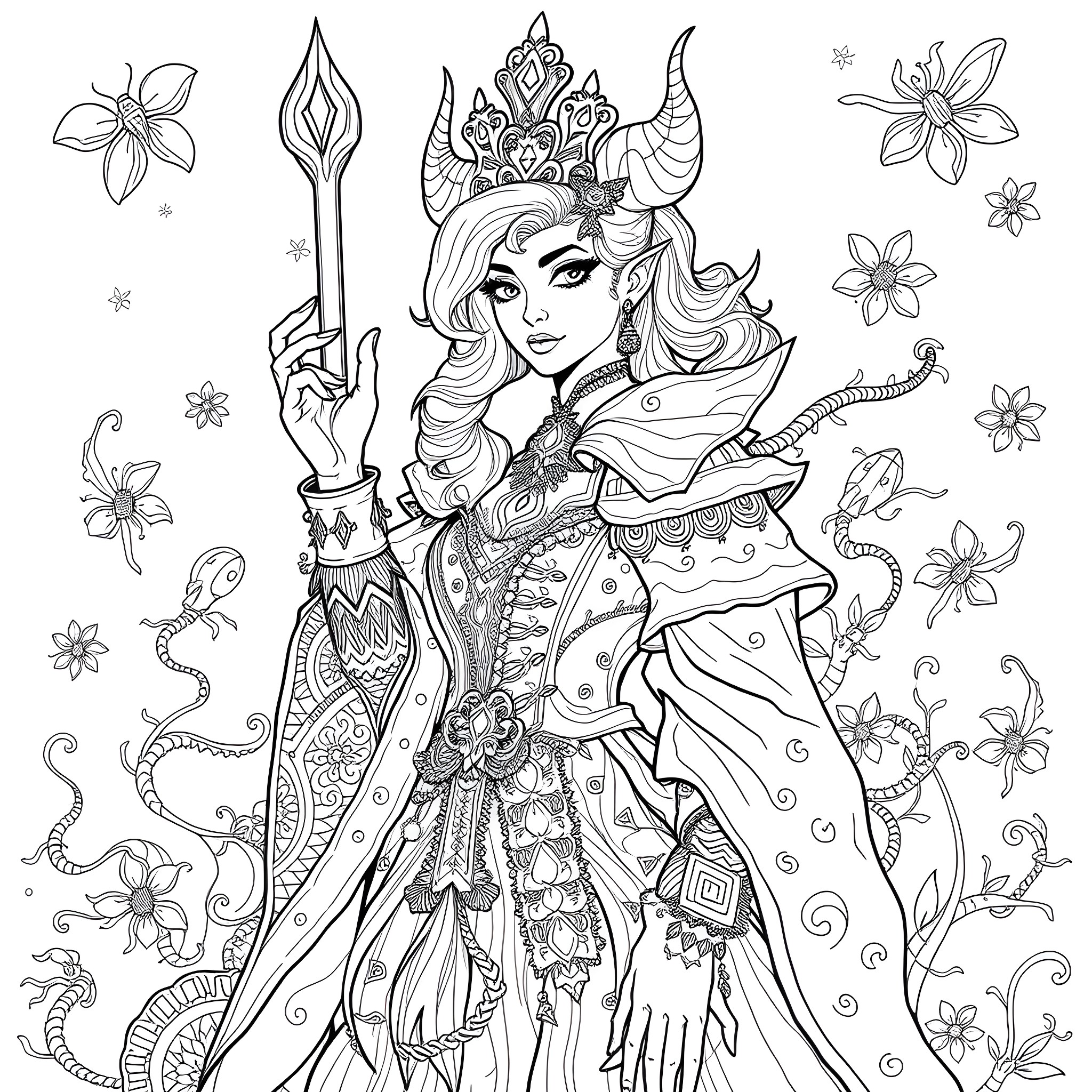 Mindfang's Fantastical Enchantress Attire Coloring Page (free black-and-white line drawing printable PDF for all, from beginners to advanced learners, including children, teens, adults, and seniors)