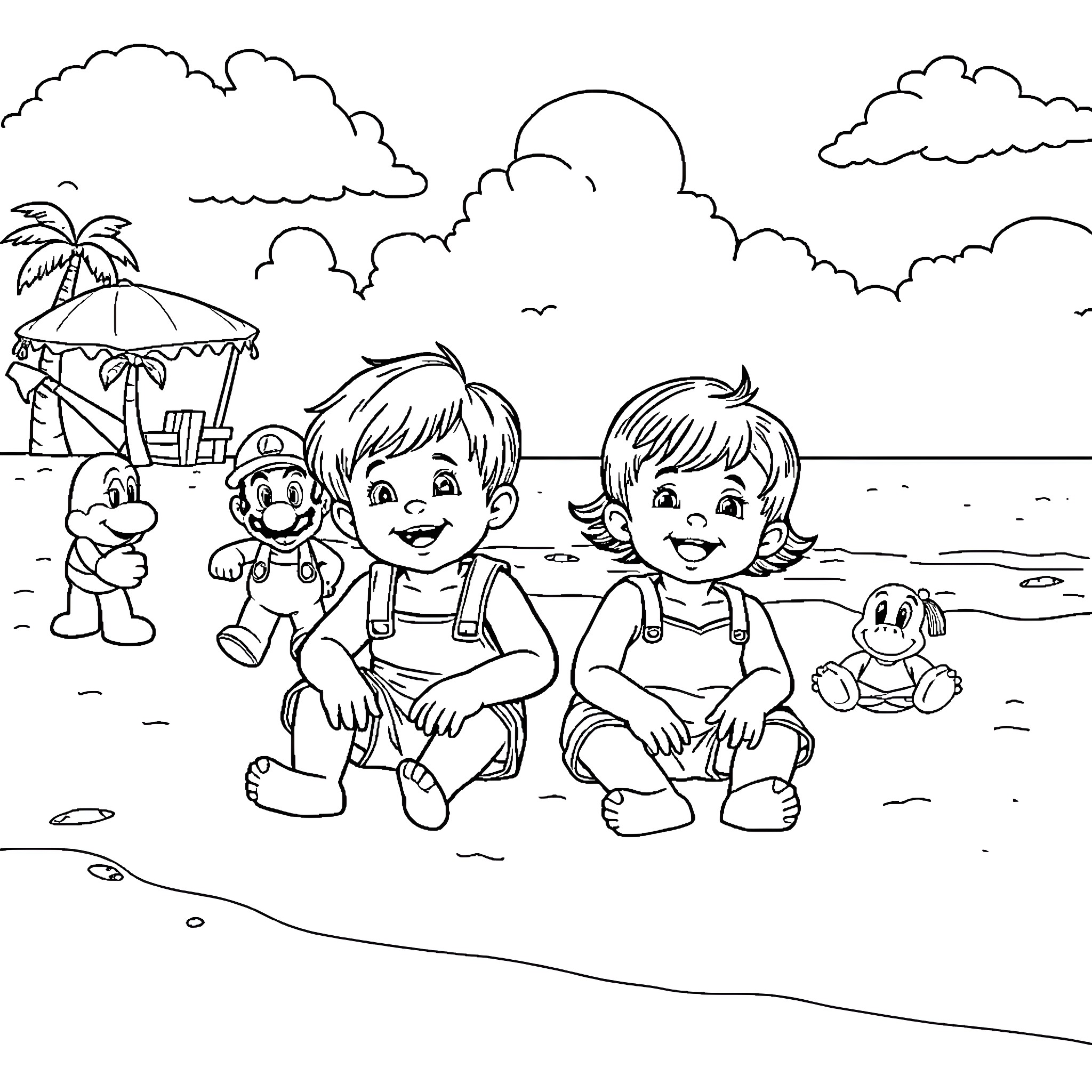 Toddlers playing joyfully on the beach Coloring Page (free black-and-white line drawing printable PDF for all, from beginners to advanced learners, including children, teens, adults, and seniors)