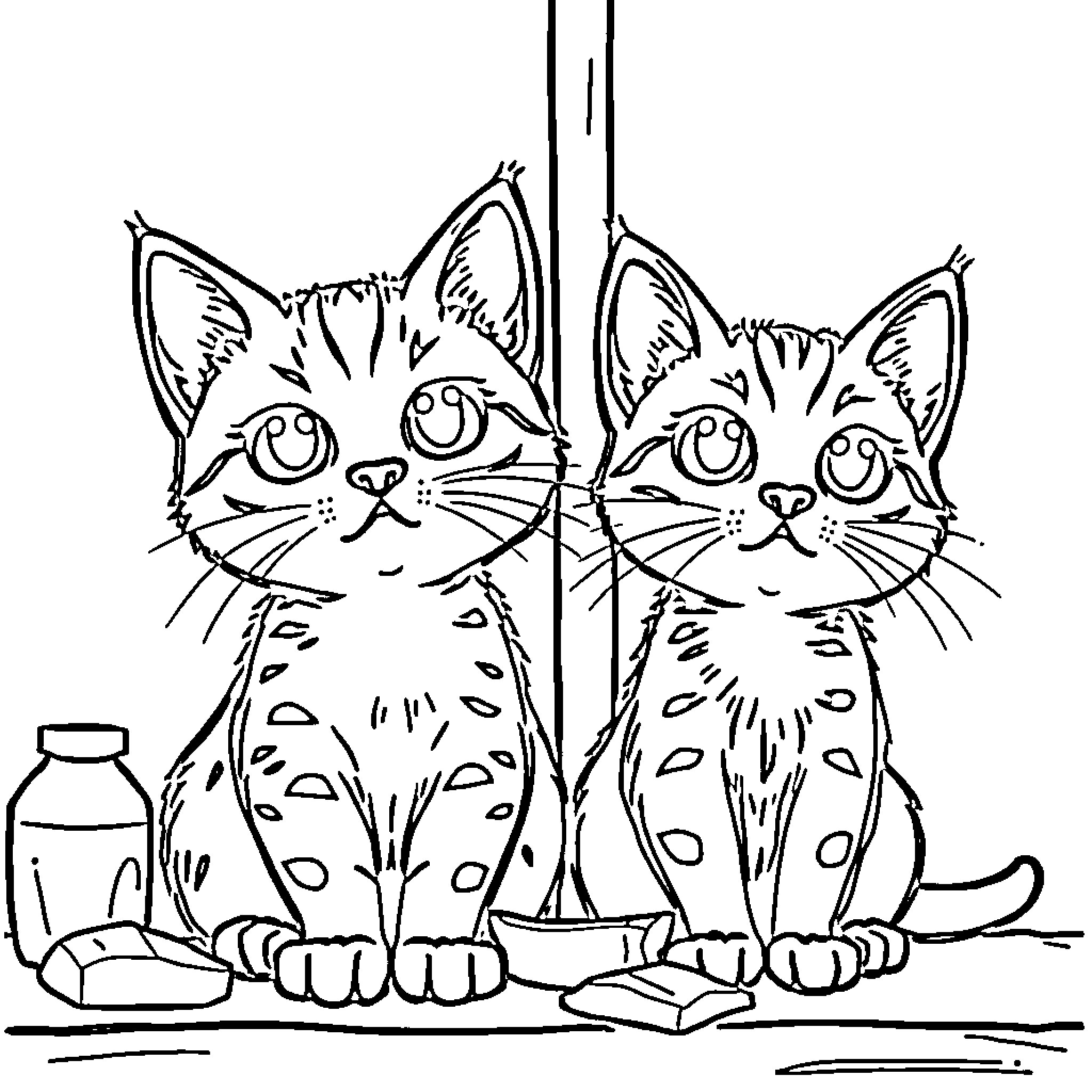 Cat Kittens Sitting Together Coloring Page (free black-and-white line drawing printable PDF for all, from beginners to advanced learners, including children, teens, adults, and seniors)