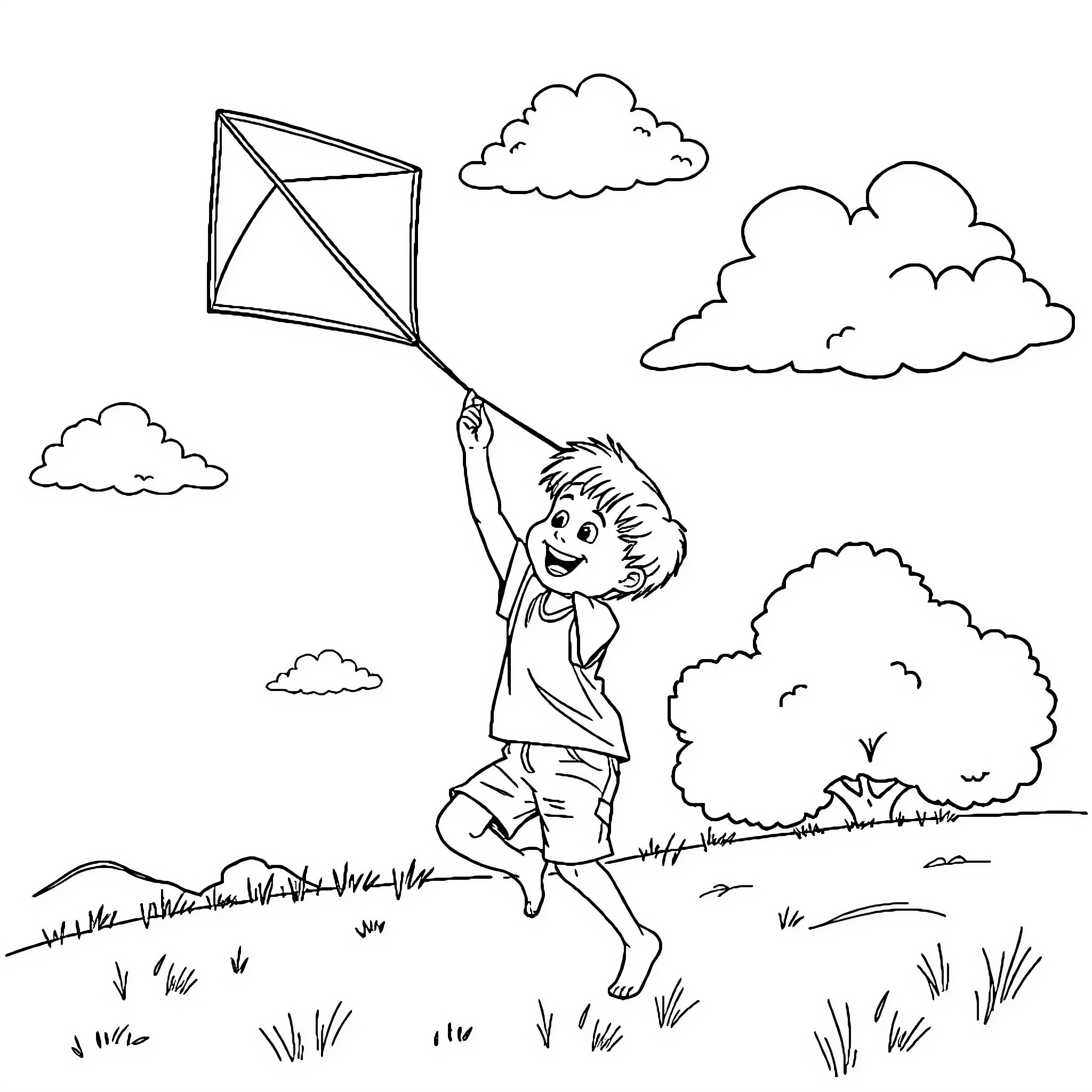 Boy Joyfully Flies Kite in Scenic Outdoor Setting Coloring Page (free black-and-white line drawing printable PDF for all, from beginners to advanced learners, including children, teens, adults, and seniors)