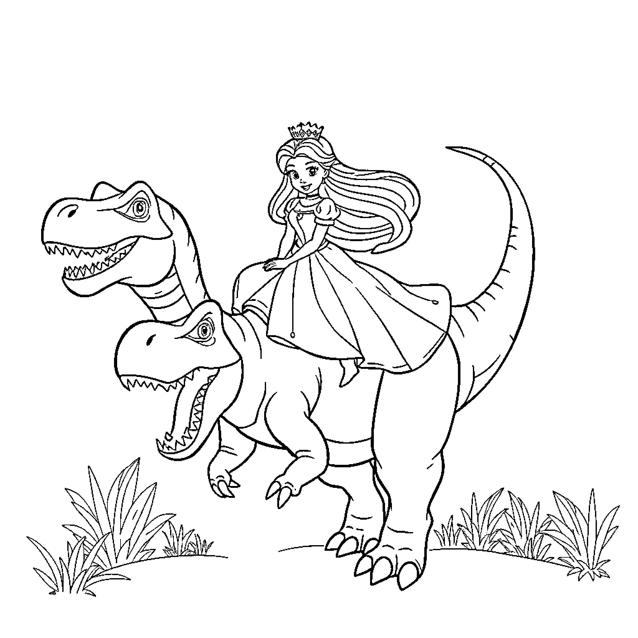 Disney Princess Riding Fearsome Dinosaurs in Nature Coloring Page (free black-and-white line drawing printable PDF for all, from beginners to advanced learners, including children, teens, adults, and seniors)