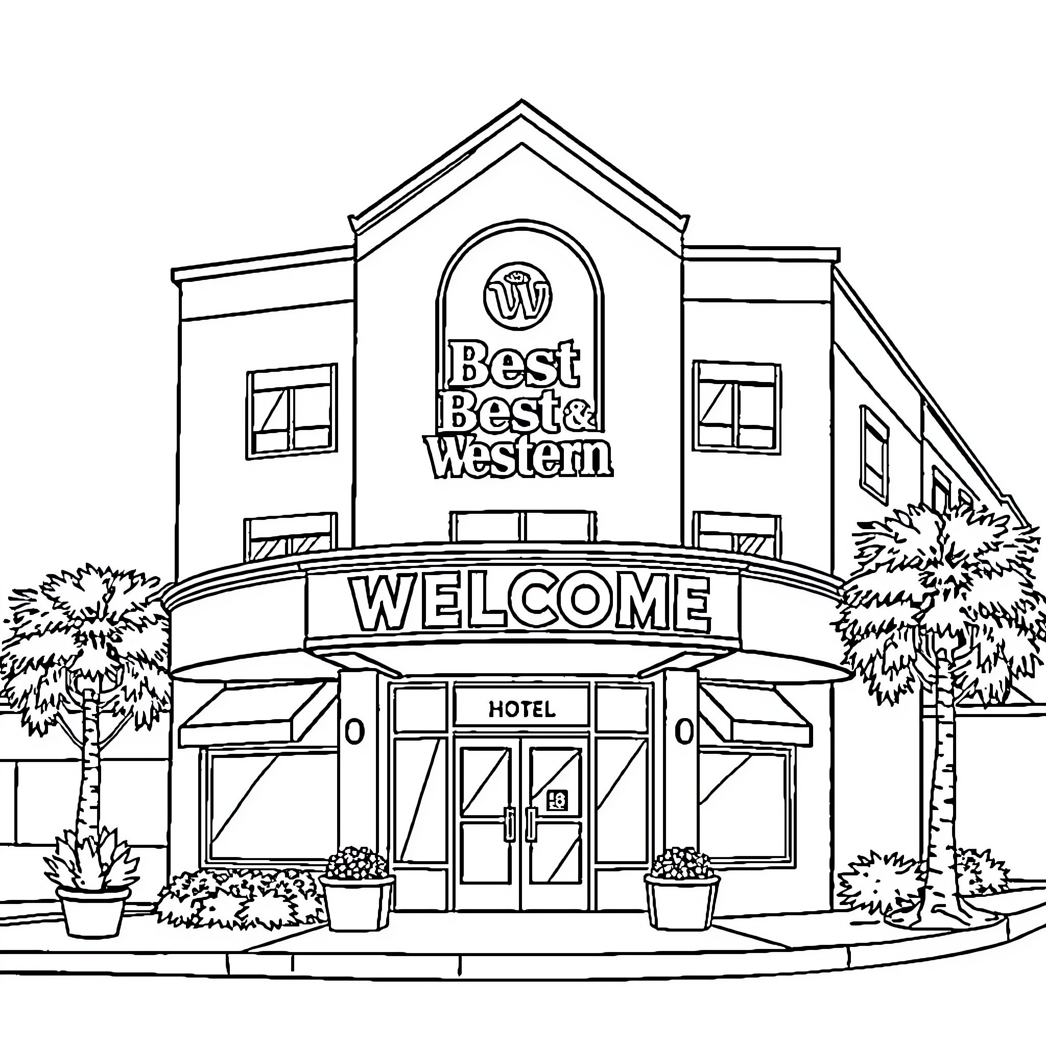 Western Hotel with Welcoming Facade Coloring Page (free black-and-white line drawing printable PDF for all, from beginners to advanced learners, including children, teens, adults, and seniors)