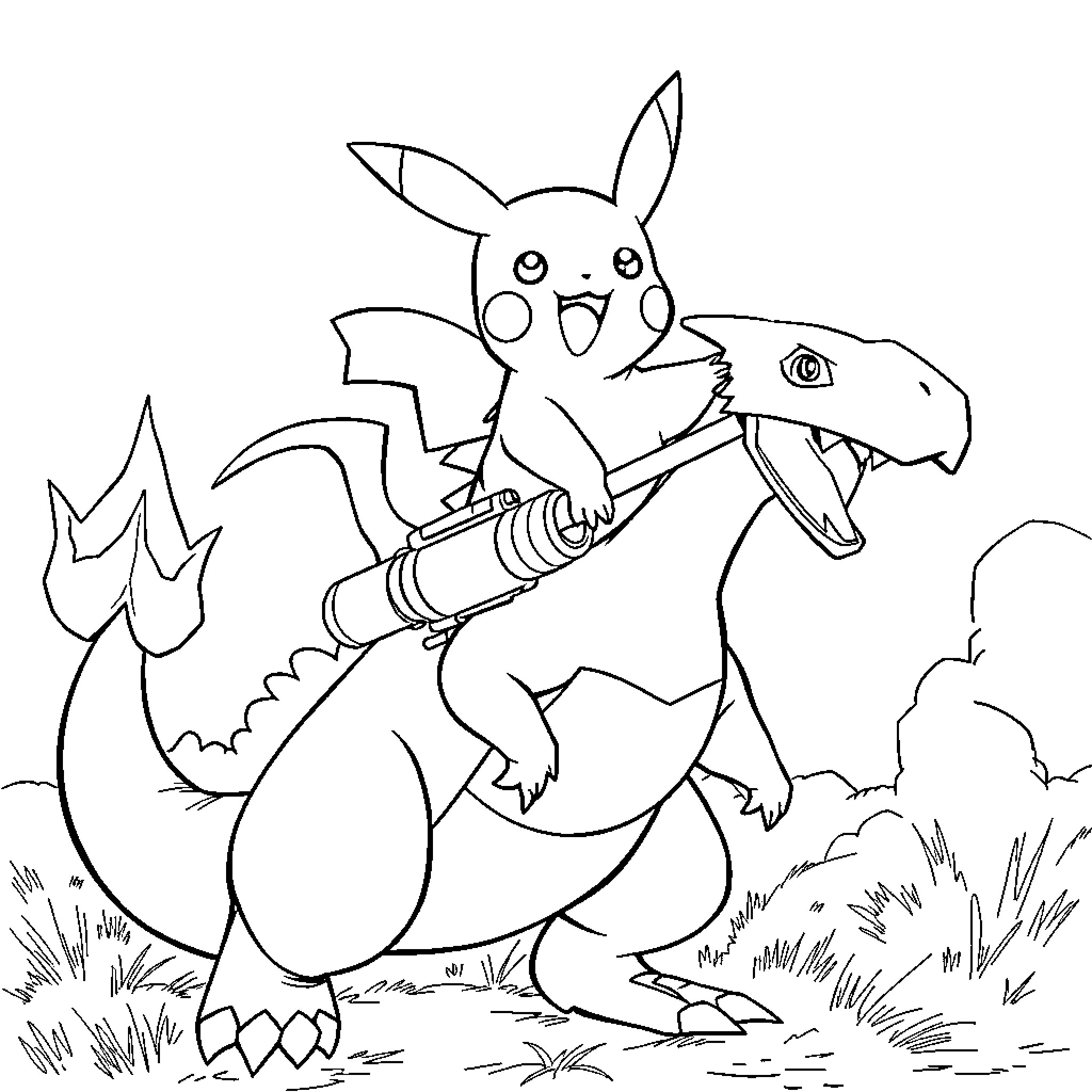Pikachu riding a fearsome dragon Coloring Page (free black-and-white line drawing printable PDF for all, from beginners to advanced learners, including children, teens, adults, and seniors)