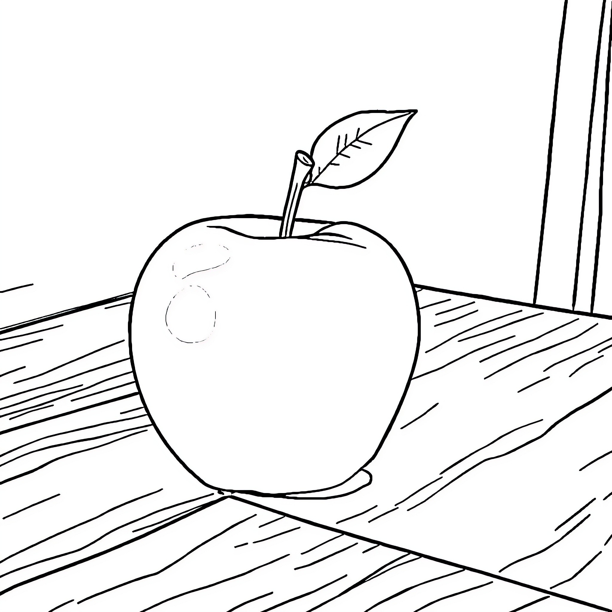 Apple sitting on wooden table Coloring Page (free black-and-white line drawing printable PDF for all, from beginners to advanced learners, including children, teens, adults, and seniors)