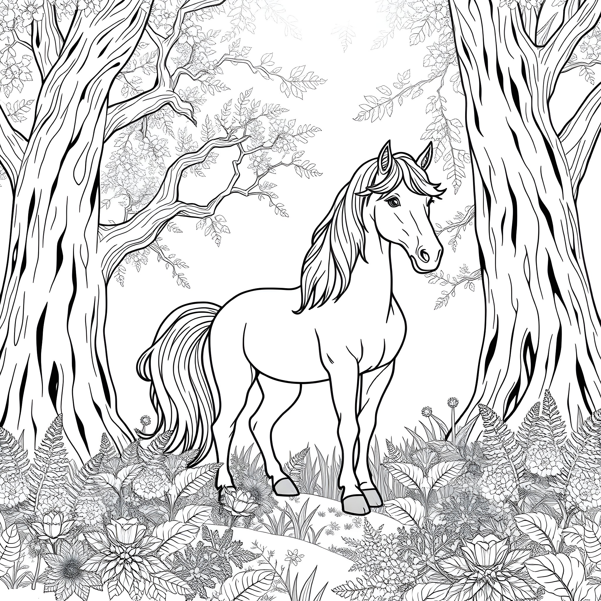 Unicorn standing in a magical forest Coloring Page (free black-and-white line drawing printable PDF for all, from beginners to advanced learners, including children, teens, adults, and seniors)