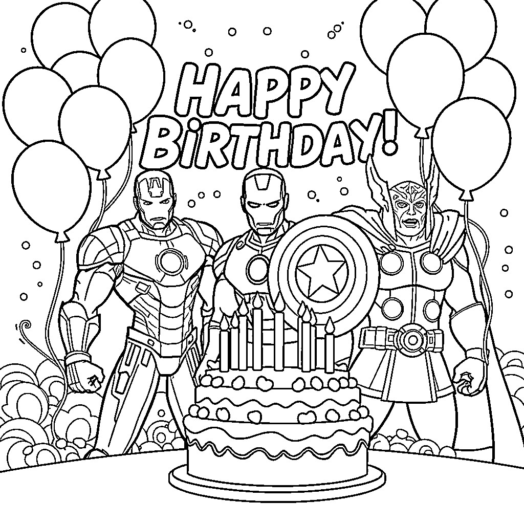 Avengers celebrate a special birthday with cake and balloons Coloring Page (free black-and-white line drawing printable PDF for all, from beginners to advanced learners, including children, teens, adults, and seniors)