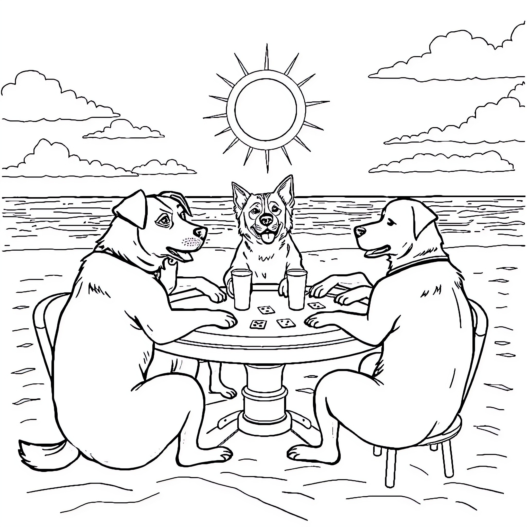 Dogs Enjoying a Beach Day Together Coloring Page (free black-and-white line drawing printable PDF for all, from beginners to advanced learners, including children, teens, adults, and seniors)