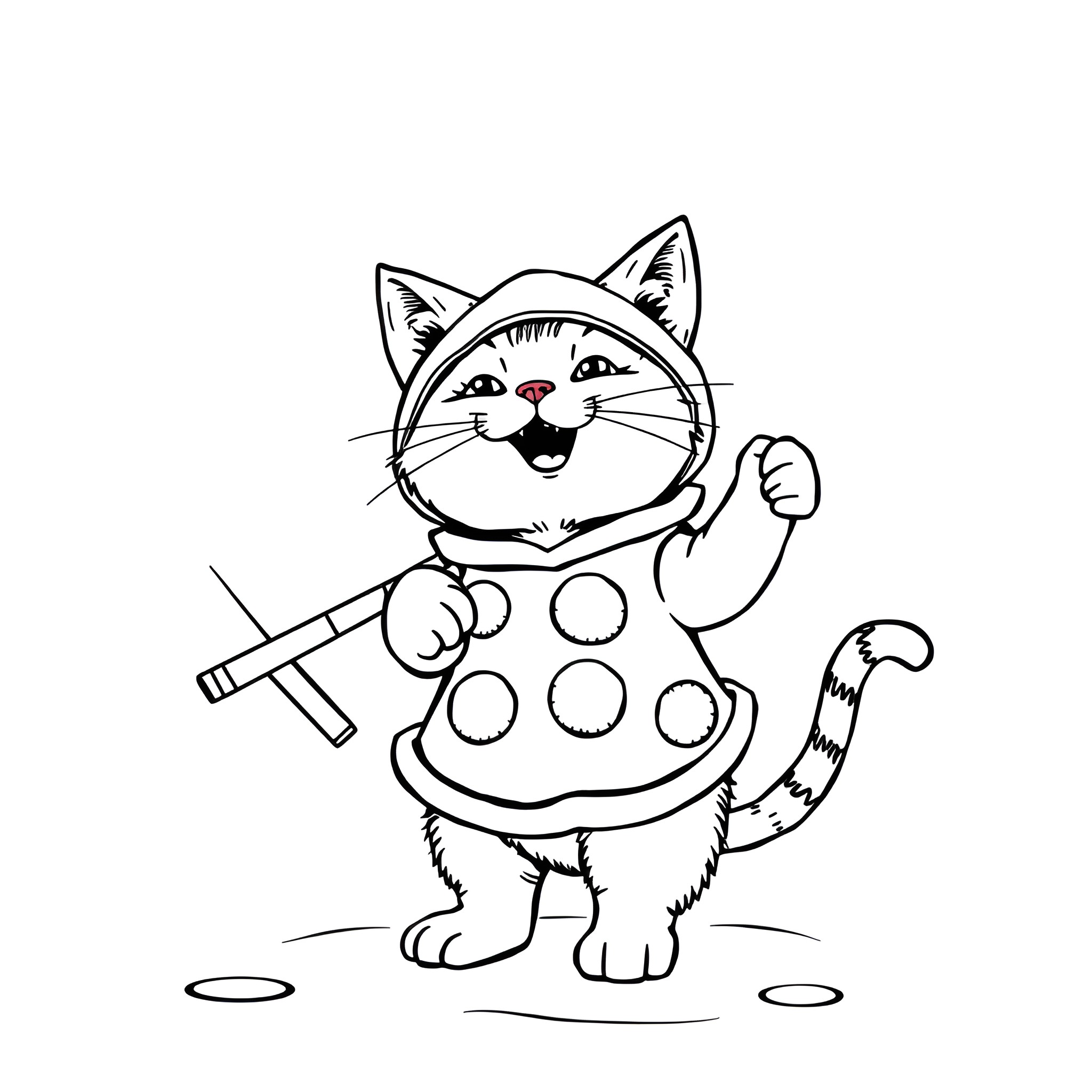 Cat playing with toy drum Coloring Page (free black-and-white line drawing printable PDF for all, from beginners to advanced learners, including children, teens, adults, and seniors)