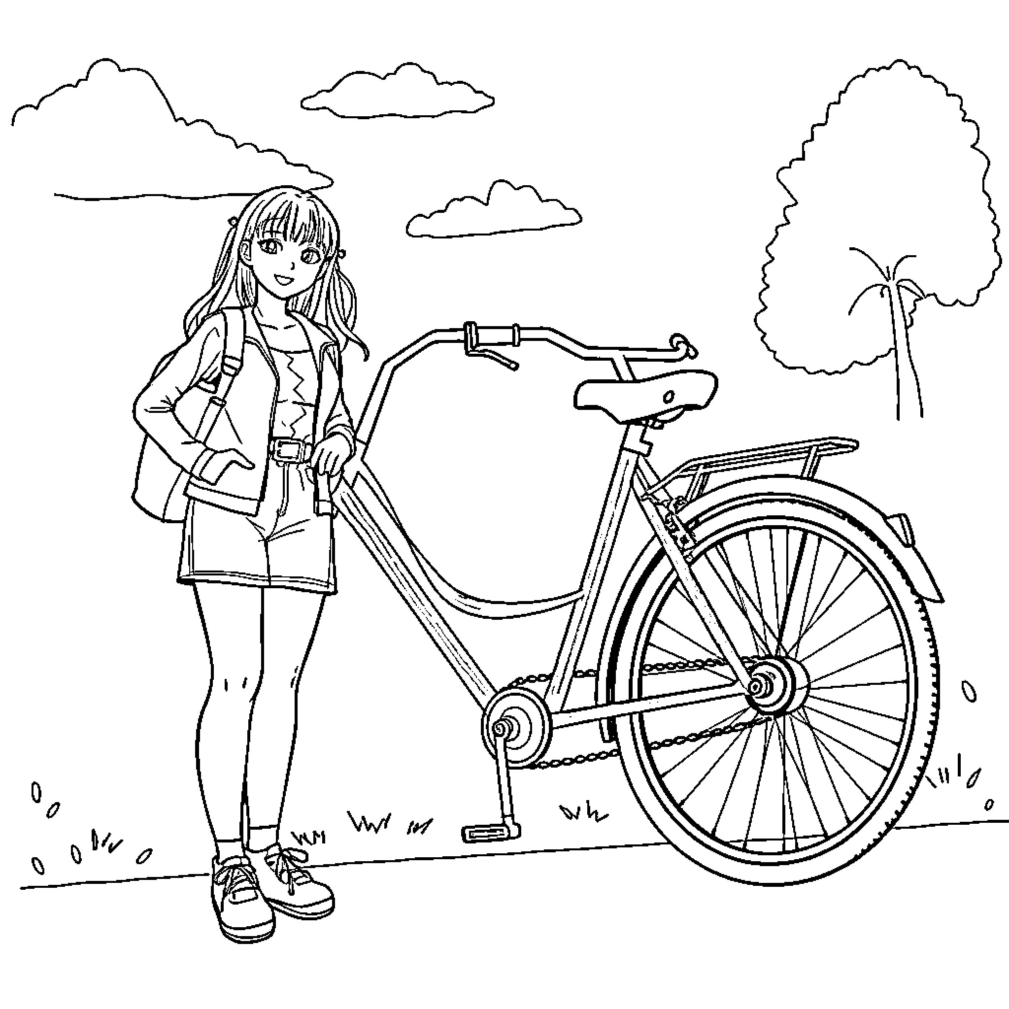 Rumi's bicycle adventure in the park Coloring Page (free black-and-white line drawing printable PDF for all, from beginners to advanced learners, including children, teens, adults, and seniors)