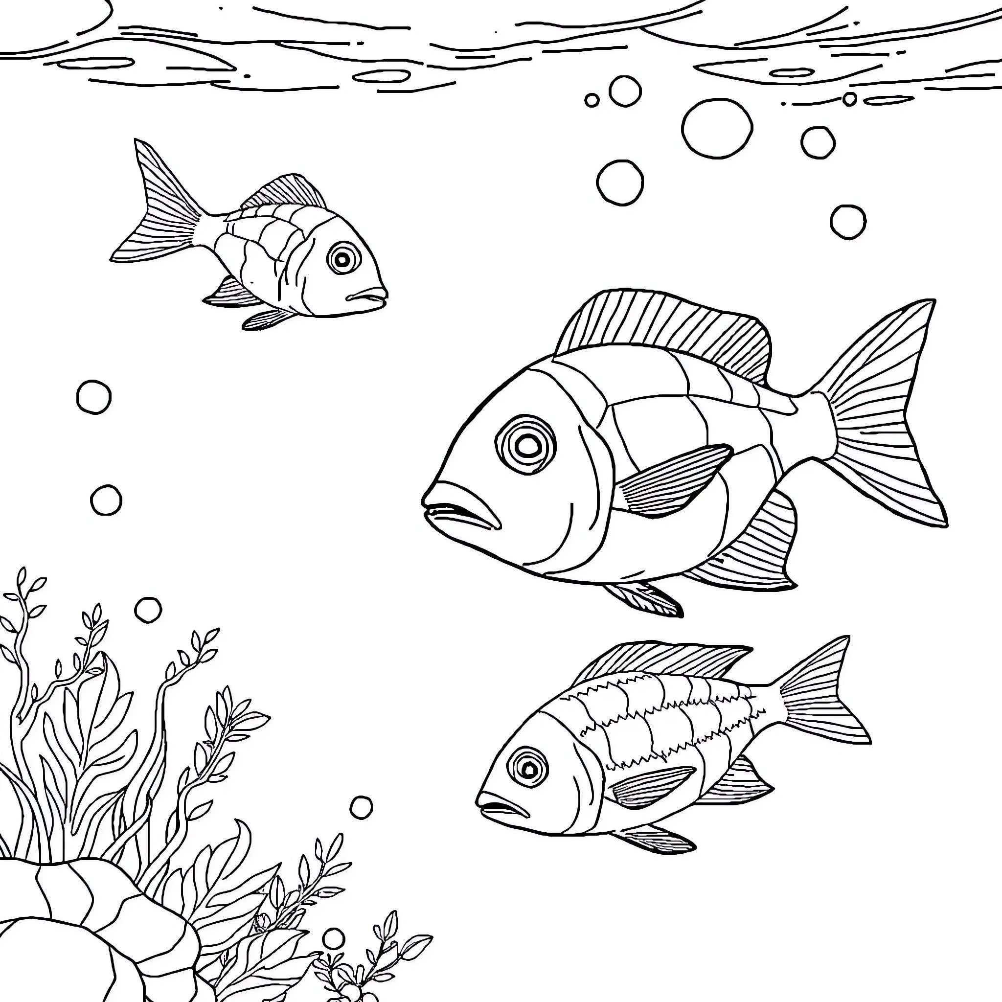 Fish swimming freely in the underwater scene Coloring Page (free black-and-white line drawing printable PDF for all, from beginners to advanced learners, including children, teens, adults, and seniors)