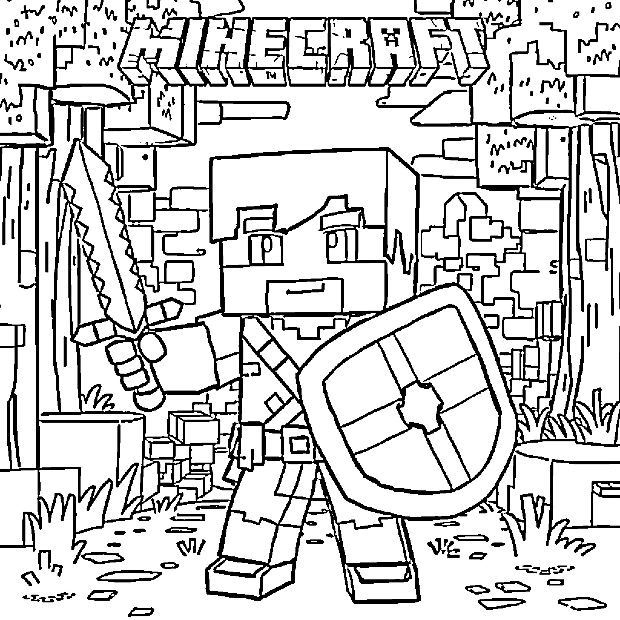 Steve holding a sword and shield in a forest Coloring Page (free black-and-white line drawing printable PDF for all, from beginners to advanced learners, including children, teens, adults, and seniors)