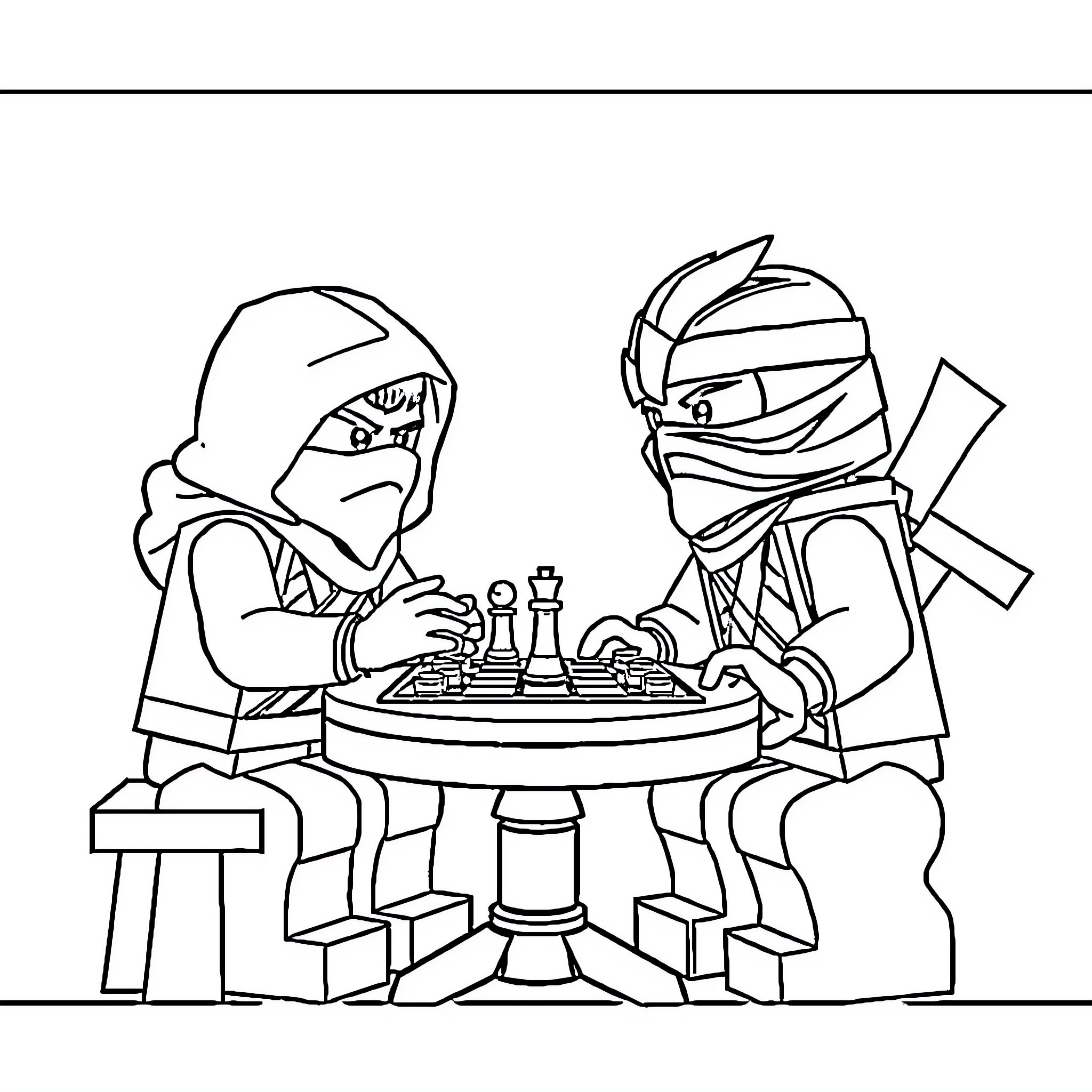 Ninjago characters playing chess Coloring Page (free black-and-white line drawing printable PDF for all, from beginners to advanced learners, including children, teens, adults, and seniors)