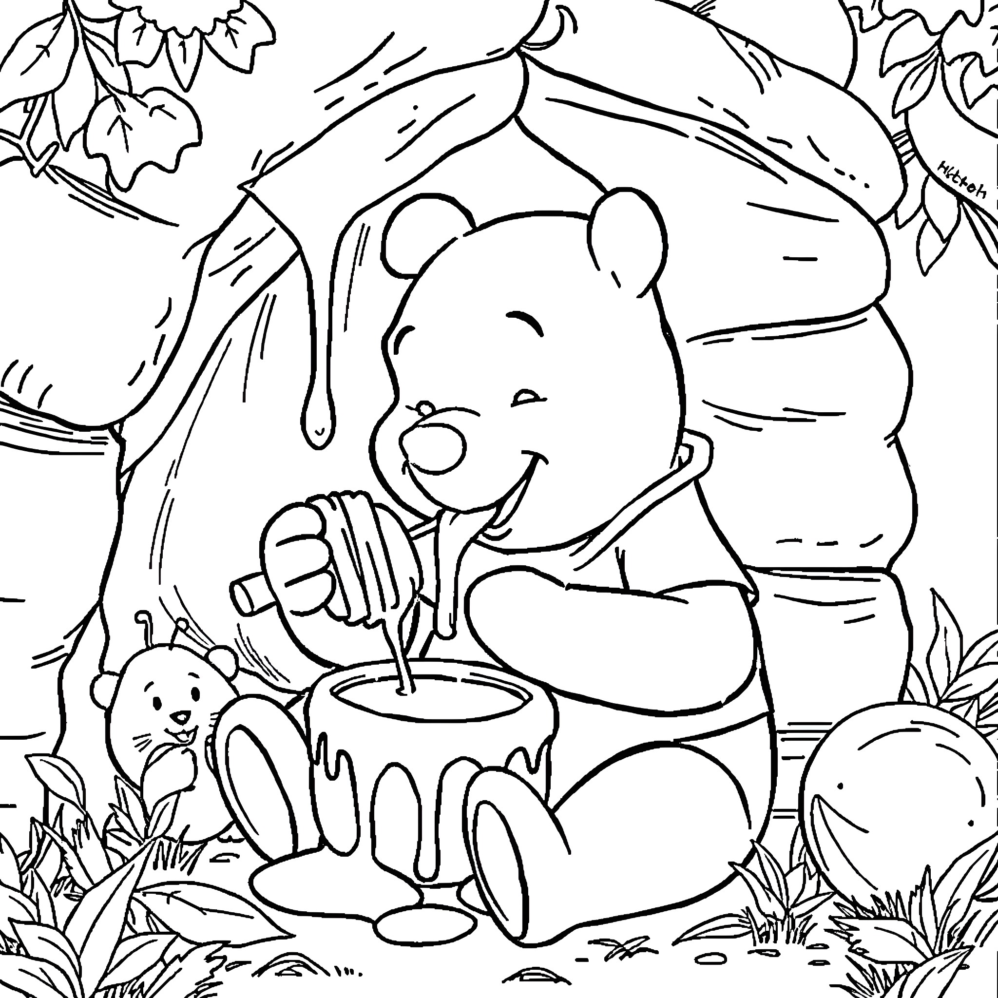 Winnie The Pooh enjoying a sweet treat in the forest Coloring Page (free black-and-white line drawing printable PDF for all, from beginners to advanced learners, including children, teens, adults, and seniors)