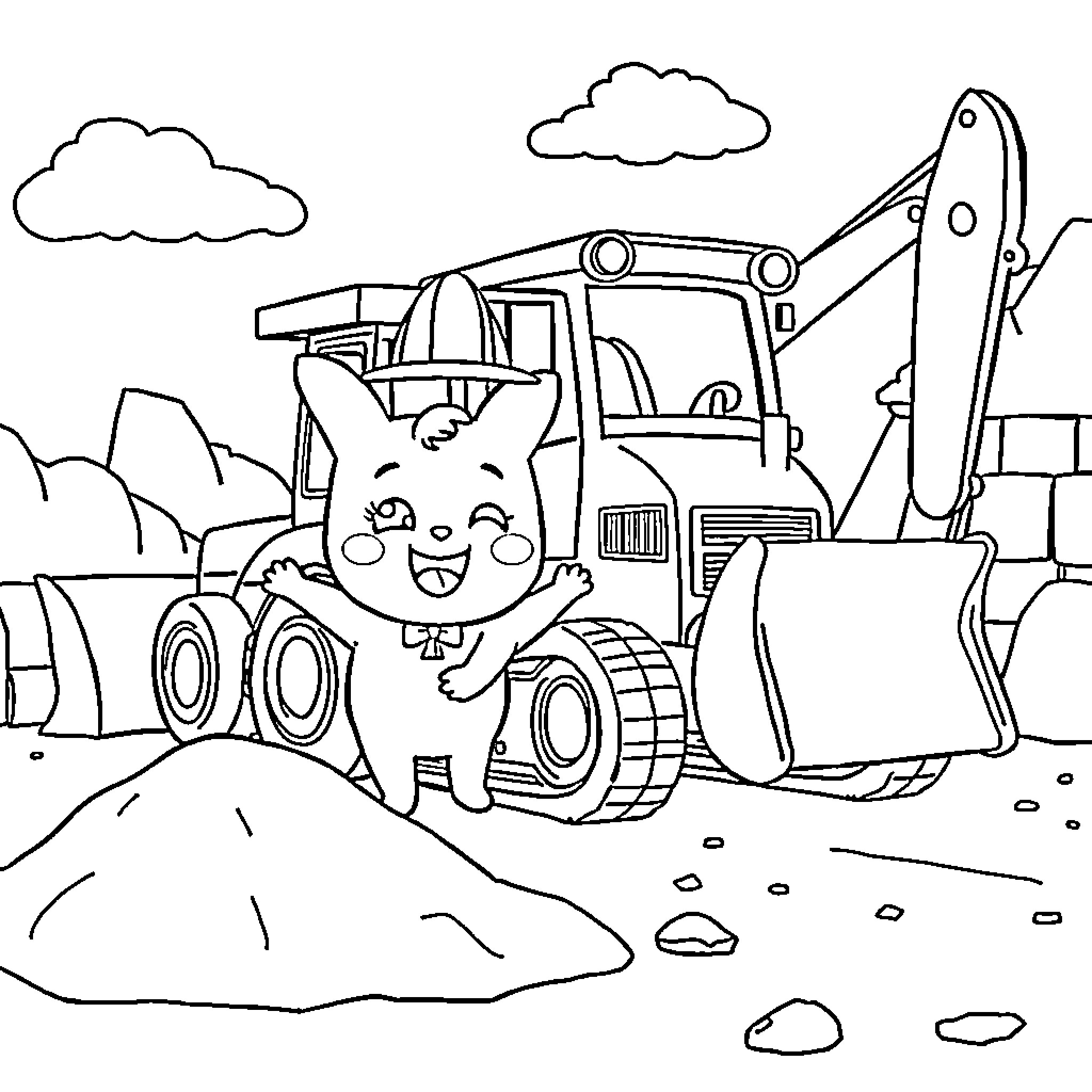 Pinkfong's Joyful Construction Site Adventure Coloring Page (free black-and-white line drawing printable PDF for all, from beginners to advanced learners, including children, teens, adults, and seniors)